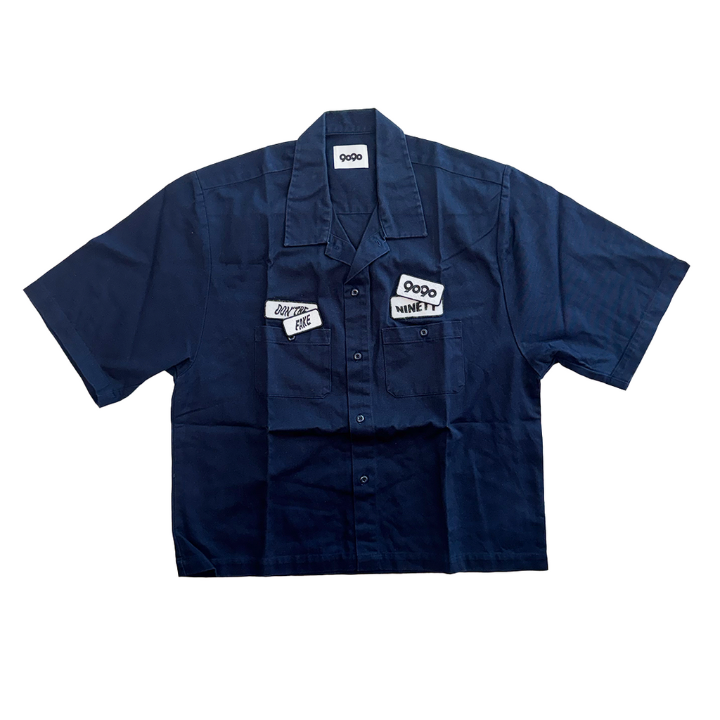9090 Don't be Fake Navy Crop Button Up Shirt (L)