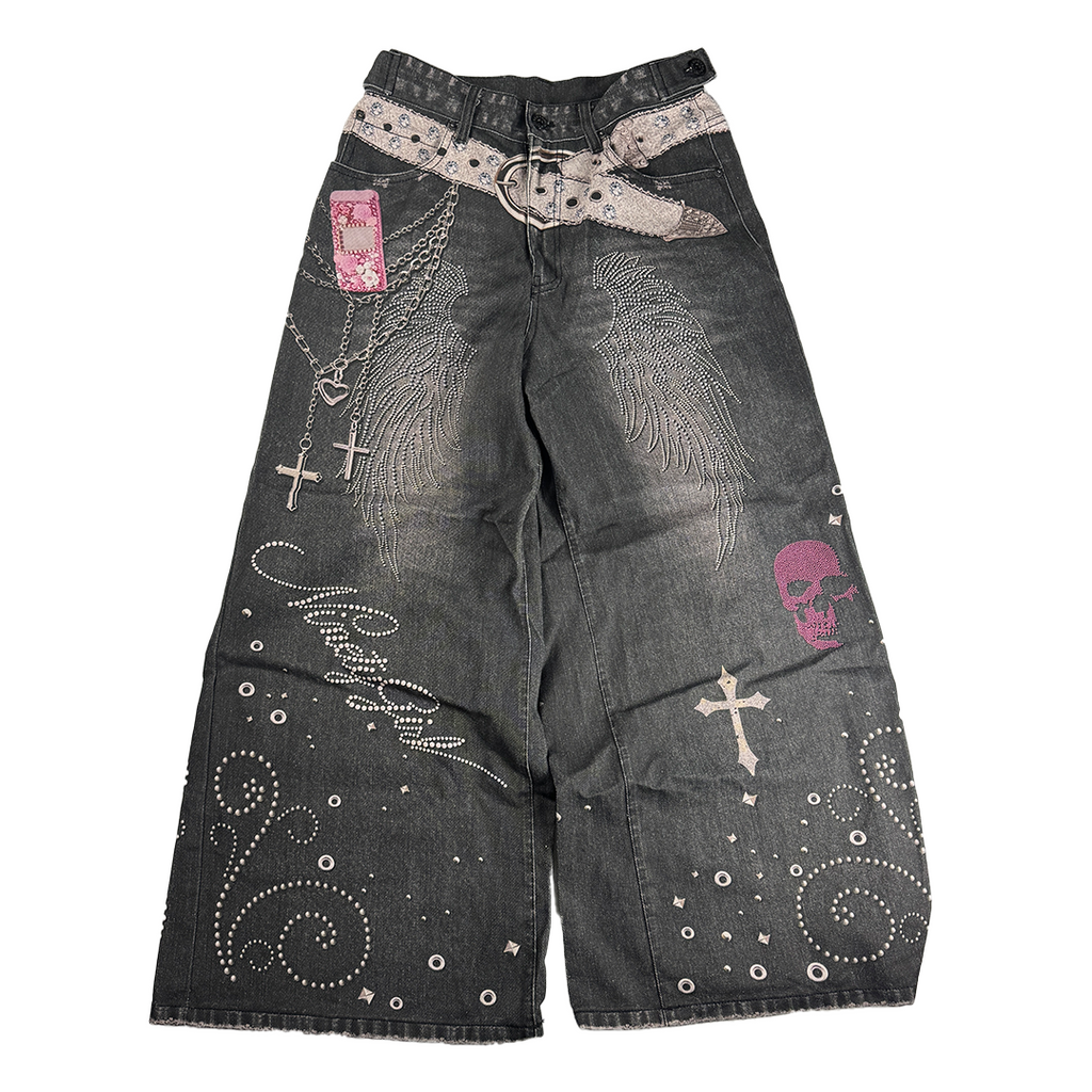 9090 Girl Y2K Denim Printed Baggy Pants (M)