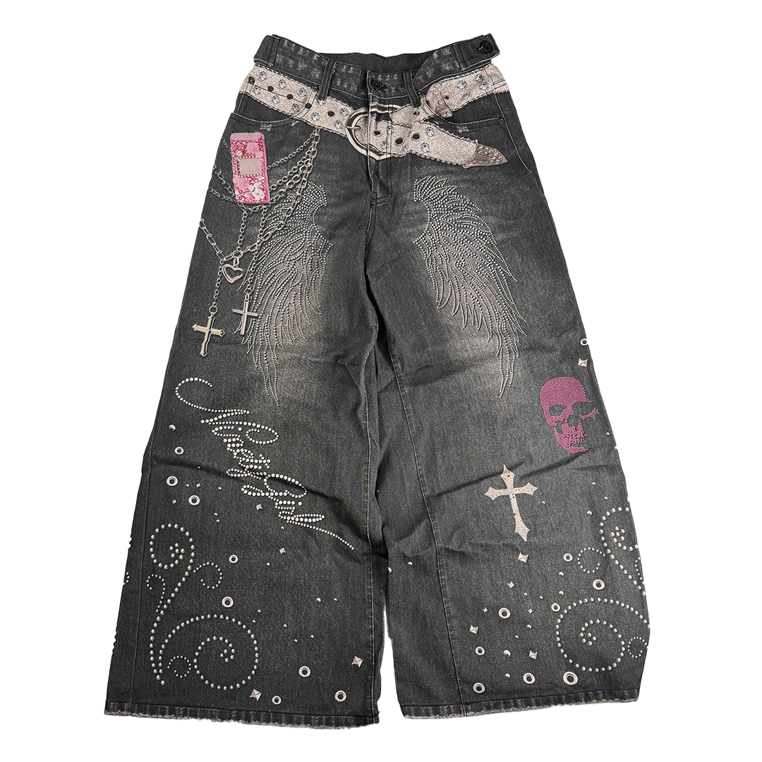 9090 Girl Y2K Denim Printed Baggy Pants (M)