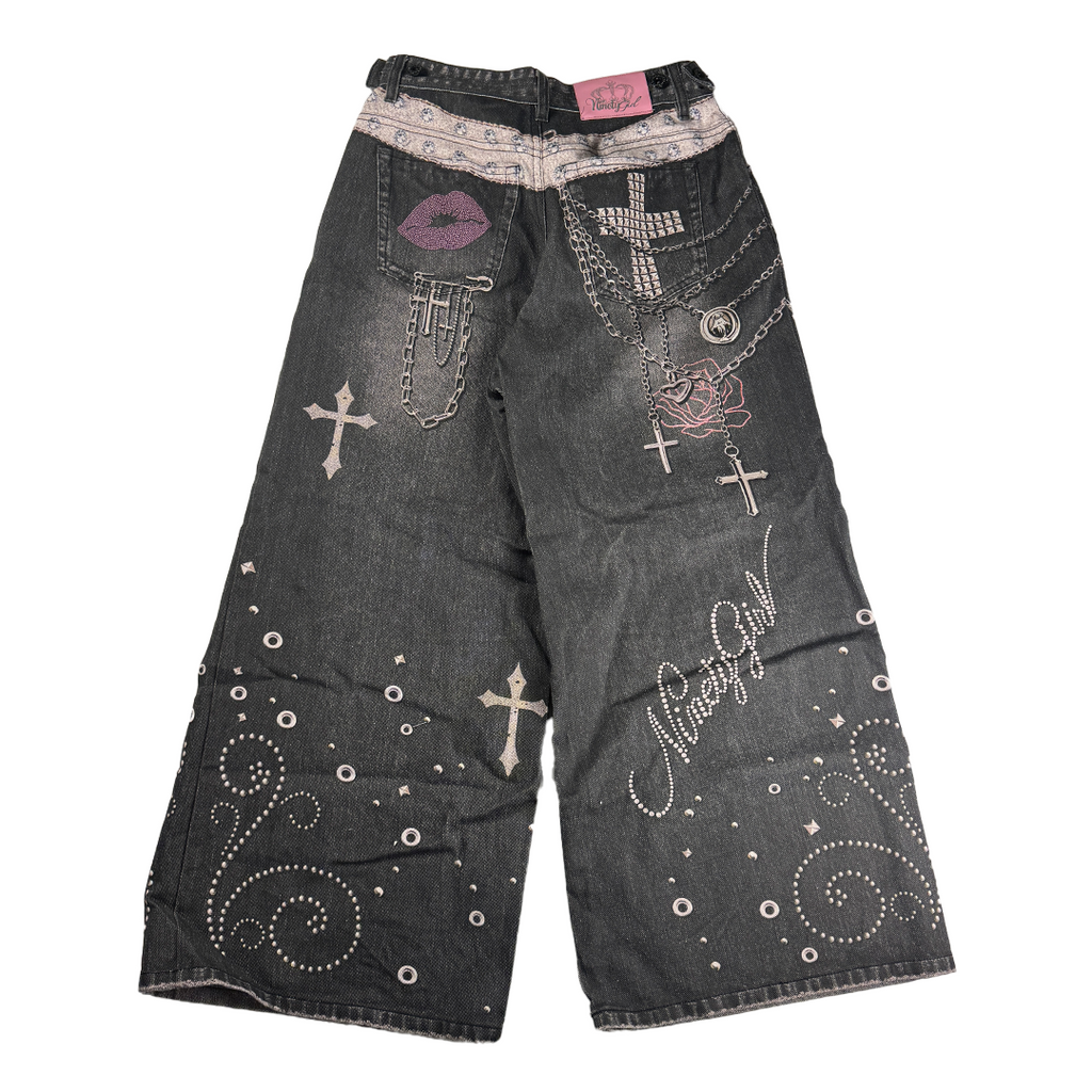 9090 Girl Y2K Denim Printed Baggy Pants (M)
