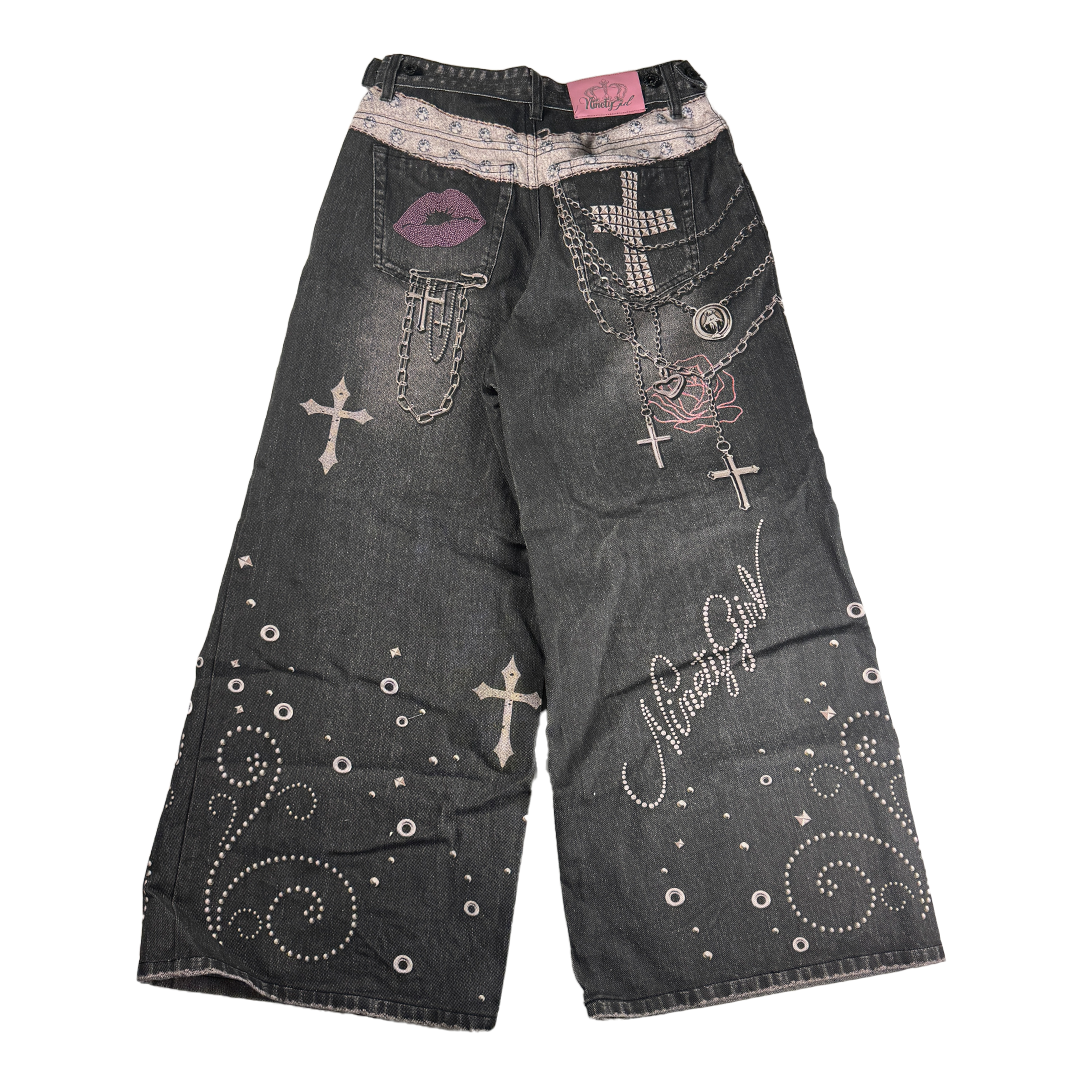 9090 Girl Y2K Denim Printed Baggy Pants (M)