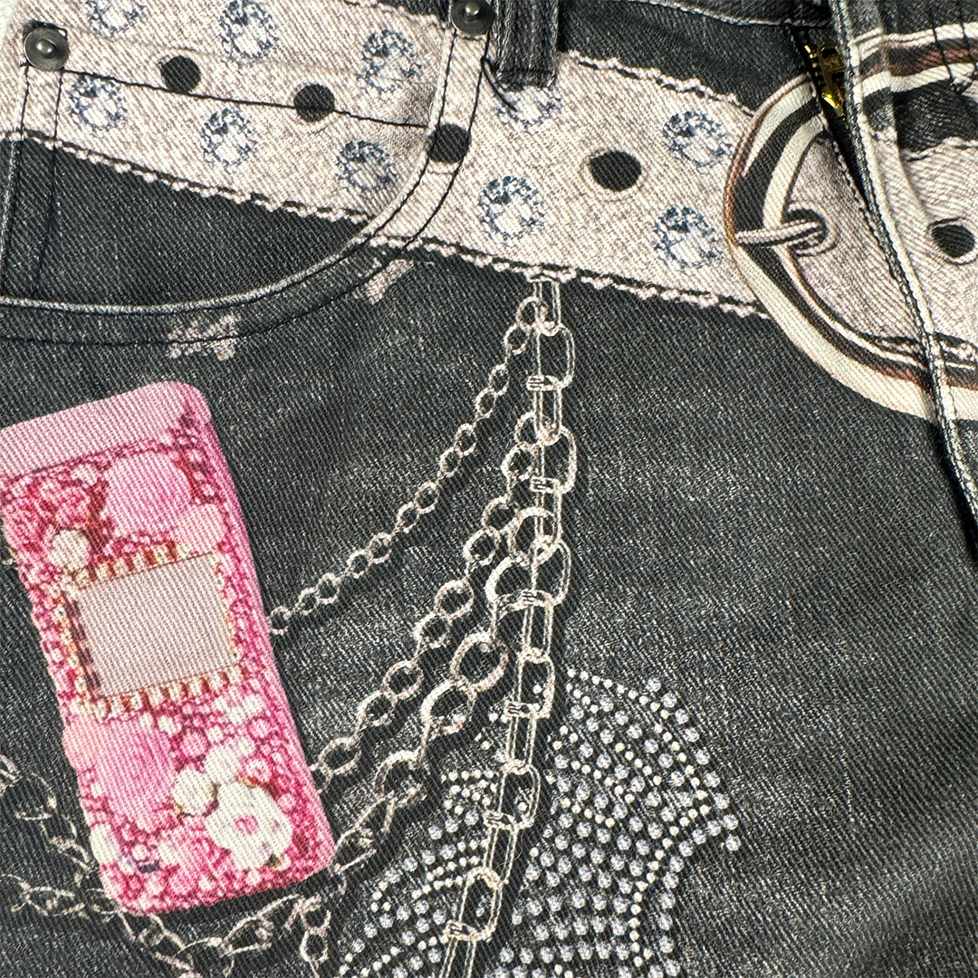 9090 Girl Y2K Denim Printed Baggy Pants (M)