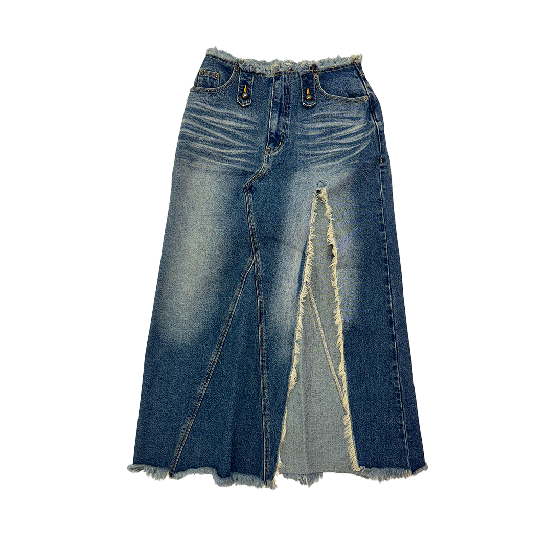 ACLENT Front Slit Distressed Denim Long Skirt Blue (M)