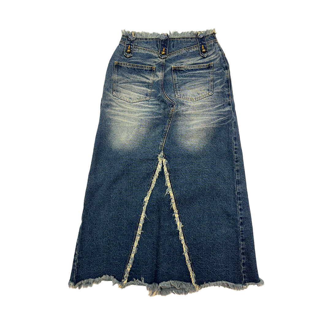 ACLENT Front Slit Distressed Denim Long Skirt Blue (M)