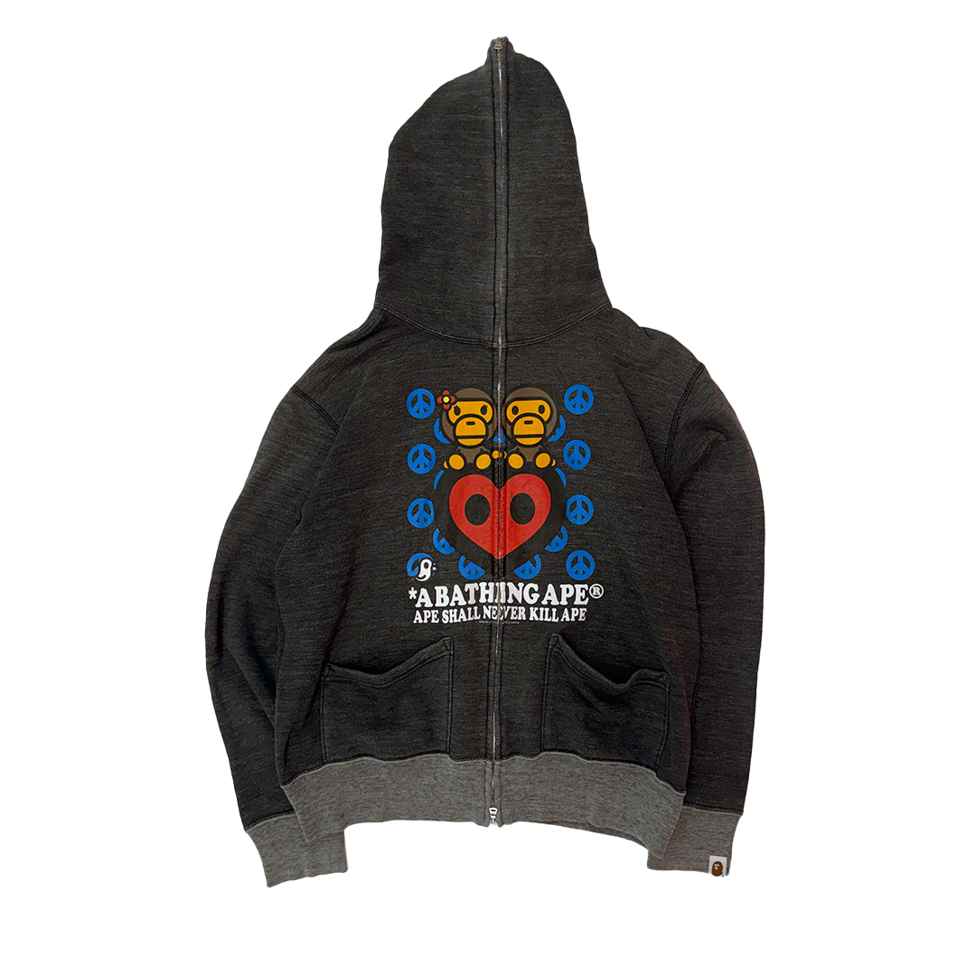 Bape Baby Milo 2008 "Peace and Love" Grey Full Zip Hoodie (S)