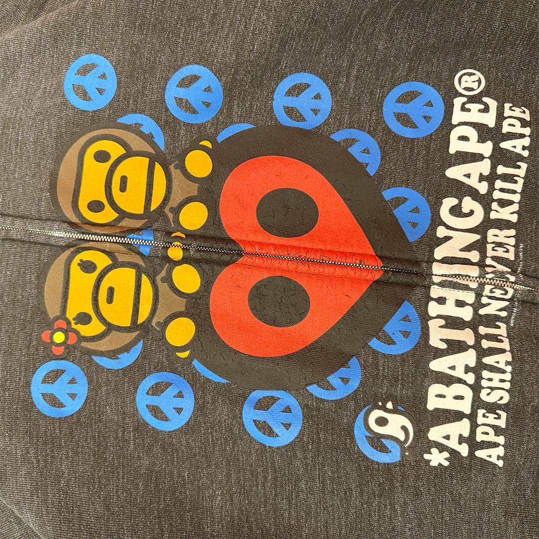 Bape Baby Milo 2008 "Peace and Love" Grey Full Zip Hoodie (S)