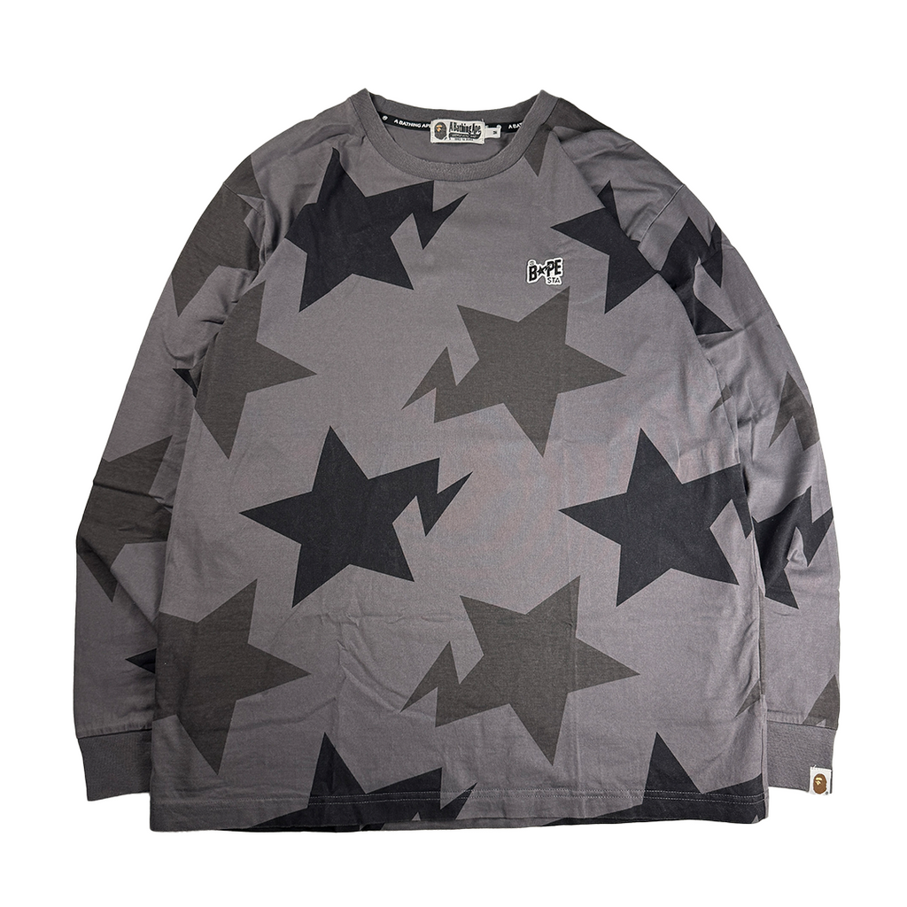 BAPE Grey Star Pattern Long Sleeve Shirt (M)