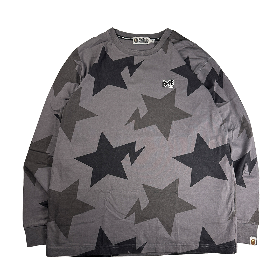 BAPE Grey Star Pattern Long Sleeve Shirt (M)