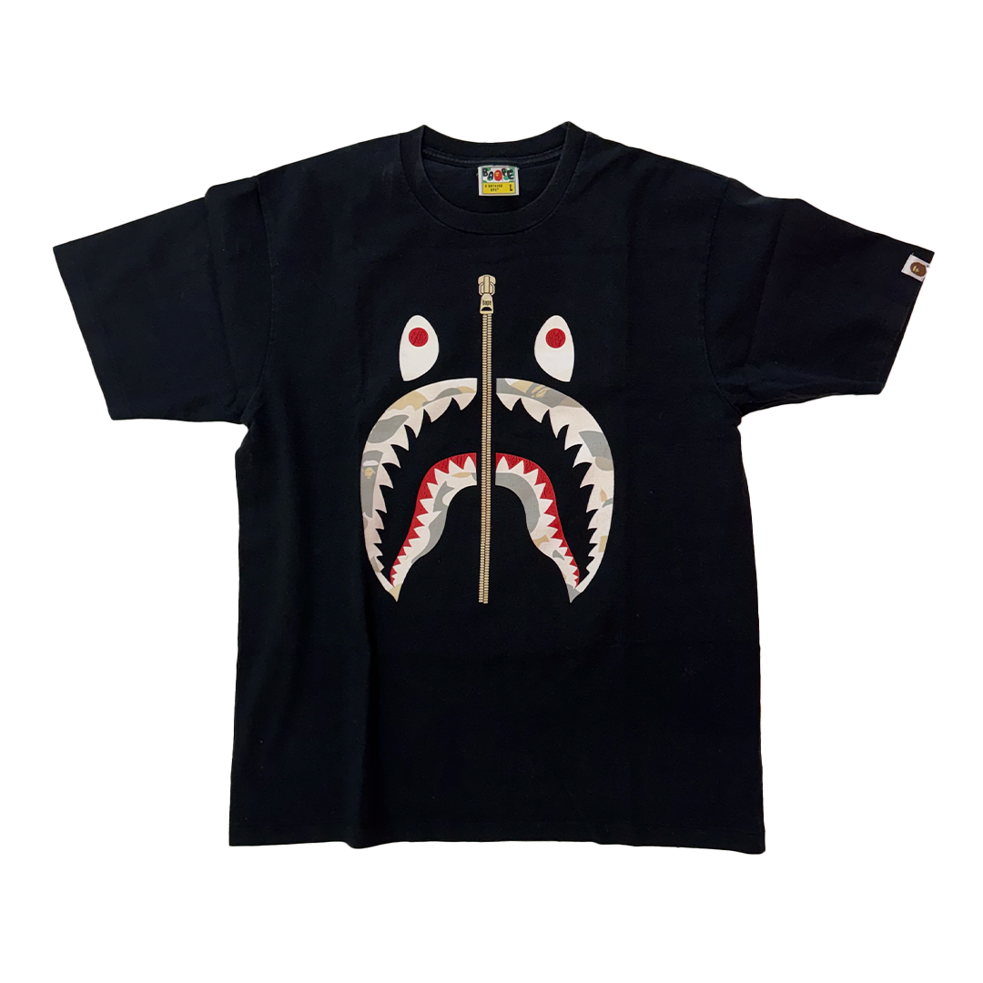 BAPE Fake Zip Shark Camo Black Tee (L)