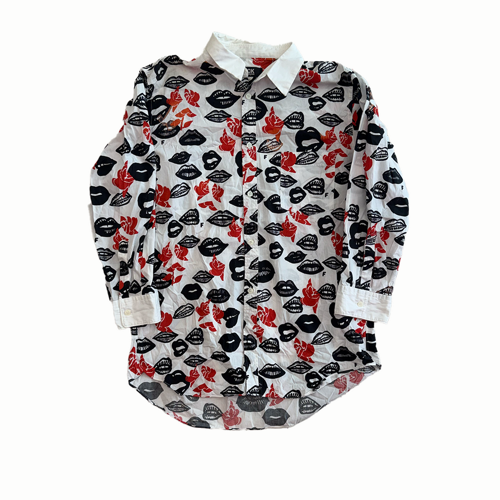 CDG Black Lips Allover Print White Button Up Shirt (XL)