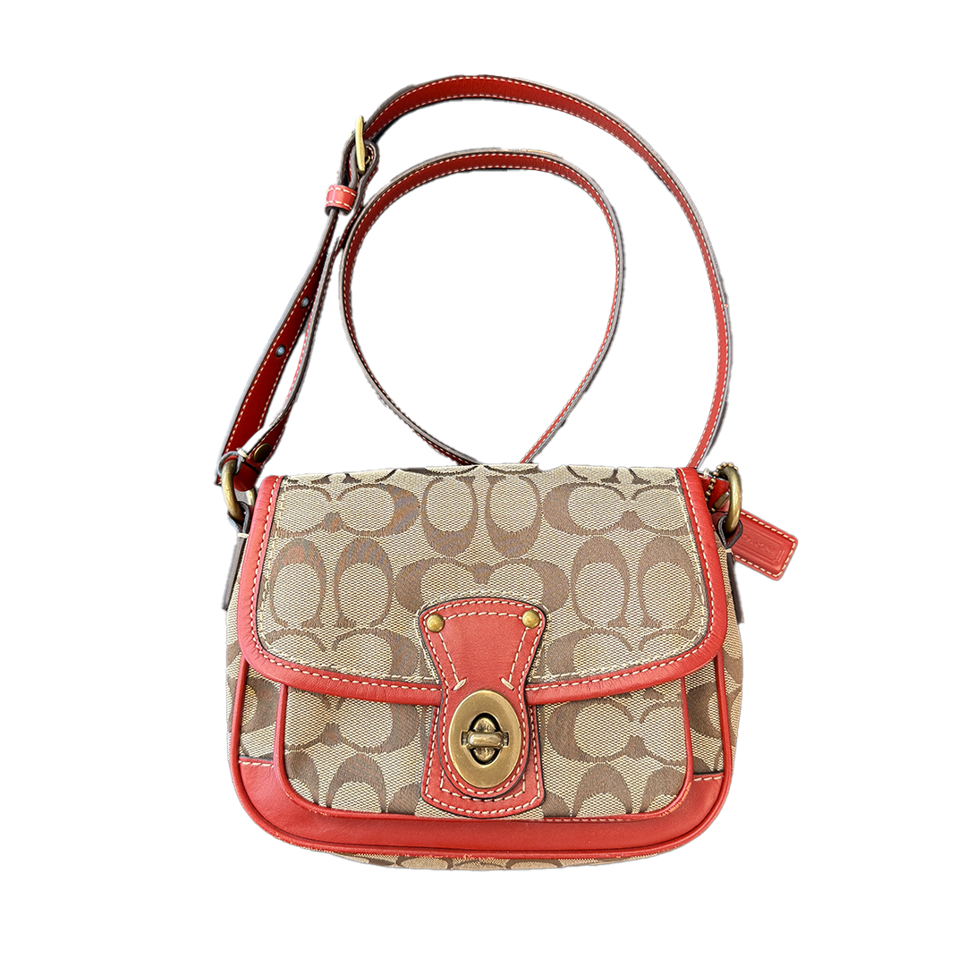 Coach Beige Red Signature Turnlock Crossbody Bag