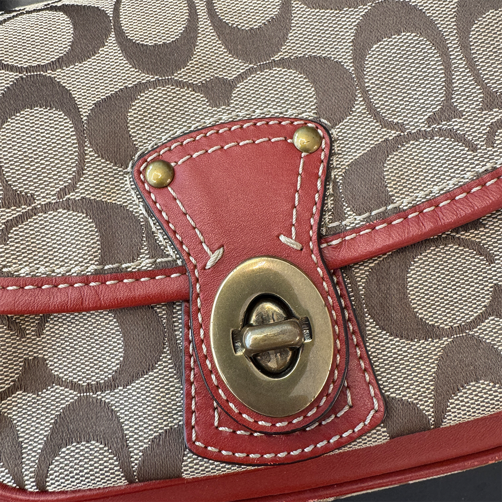 Coach Beige Red Signature Turnlock Crossbody Bag