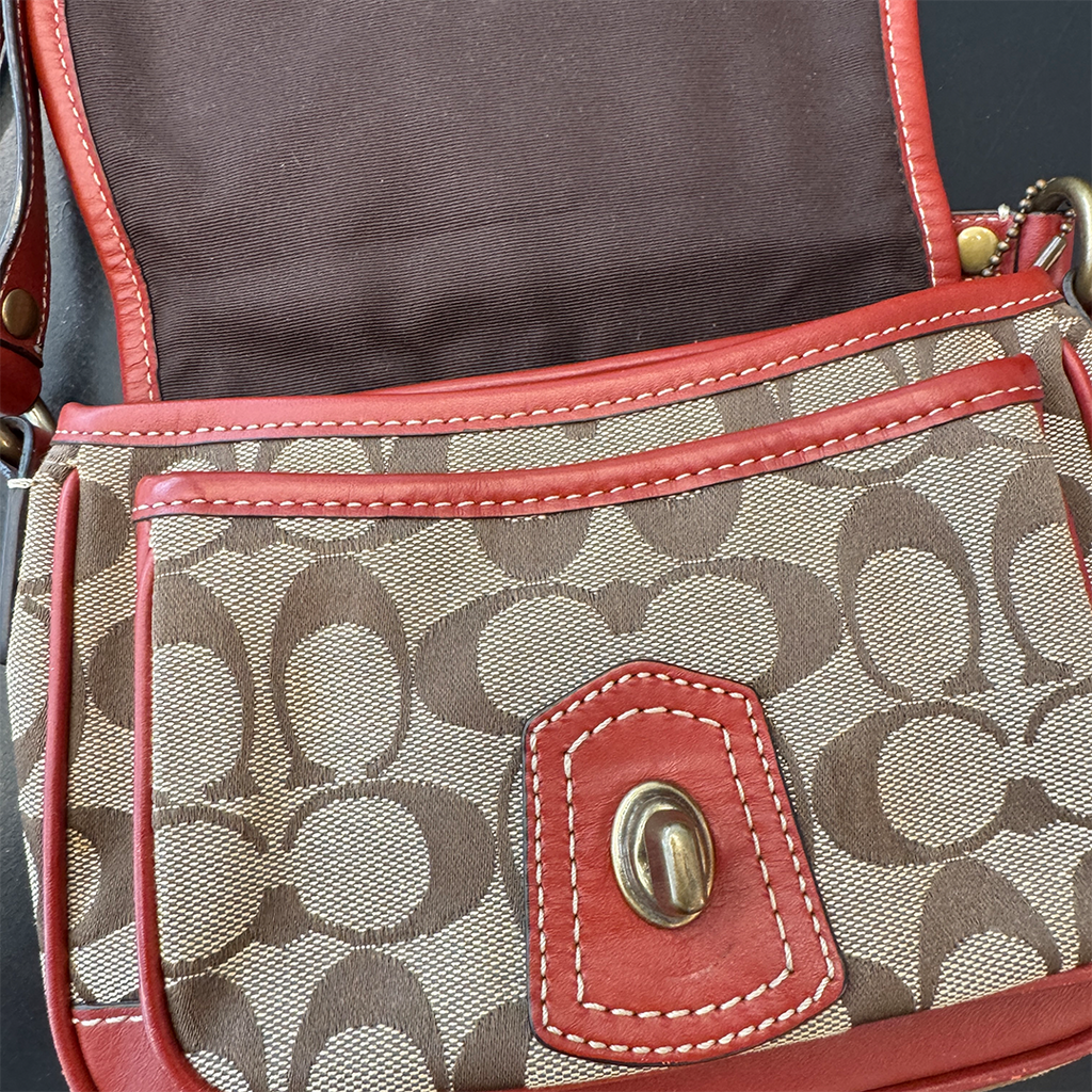 Coach Beige Red Signature Turnlock Crossbody Bag