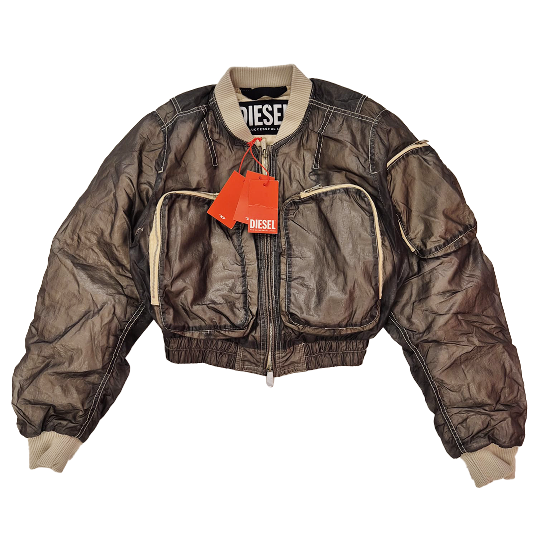 Diesel Cropped Double Layer Nylon Khaki Bomber Jacket (S)