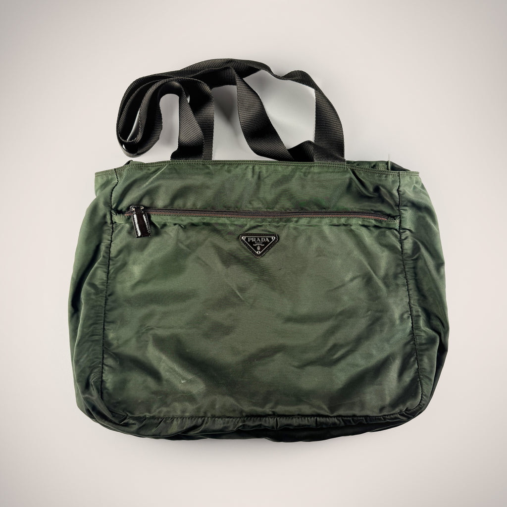 Prada Khaki Nylon Triangle Logo Tote Bag