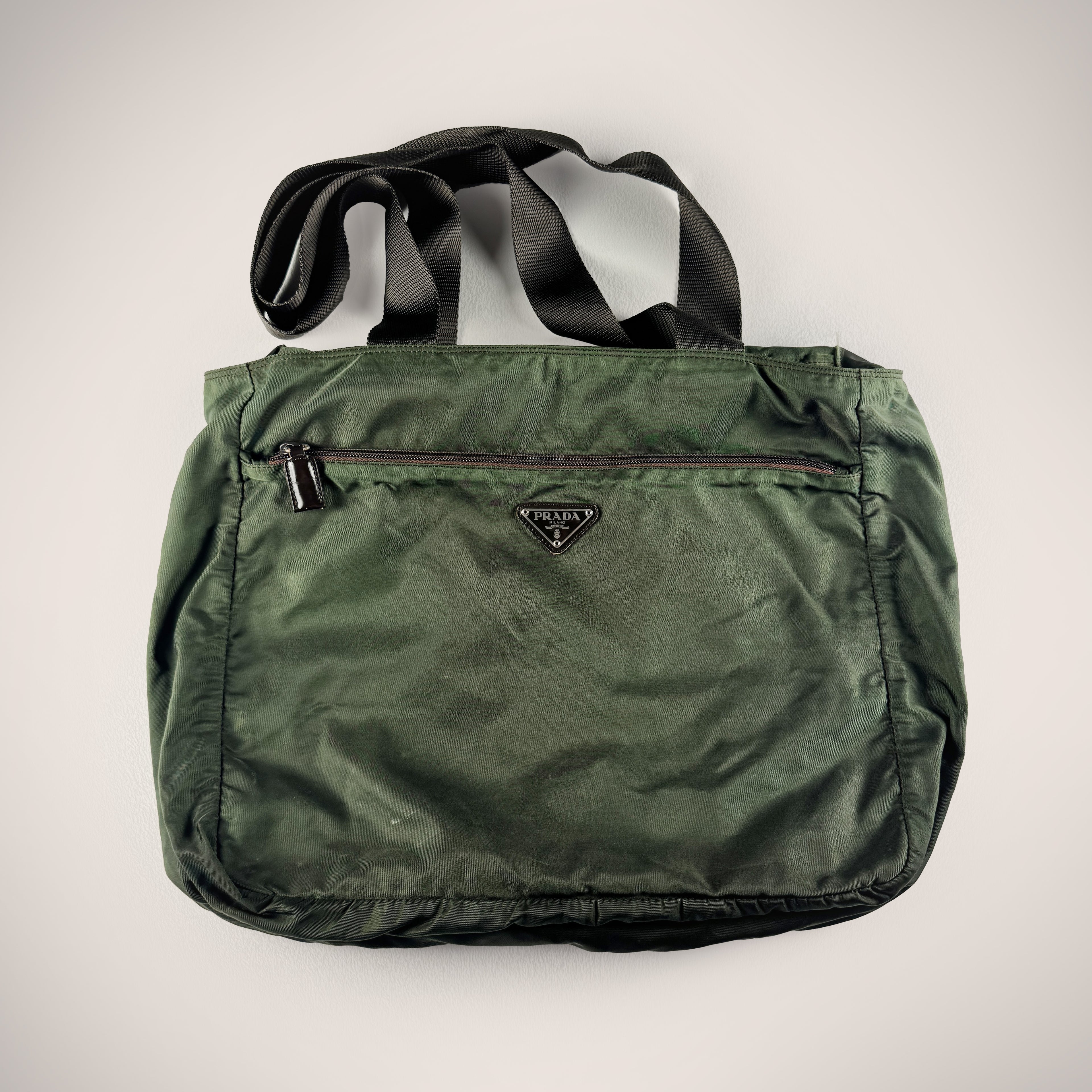 Prada Khaki Nylon Triangle Logo Tote Bag