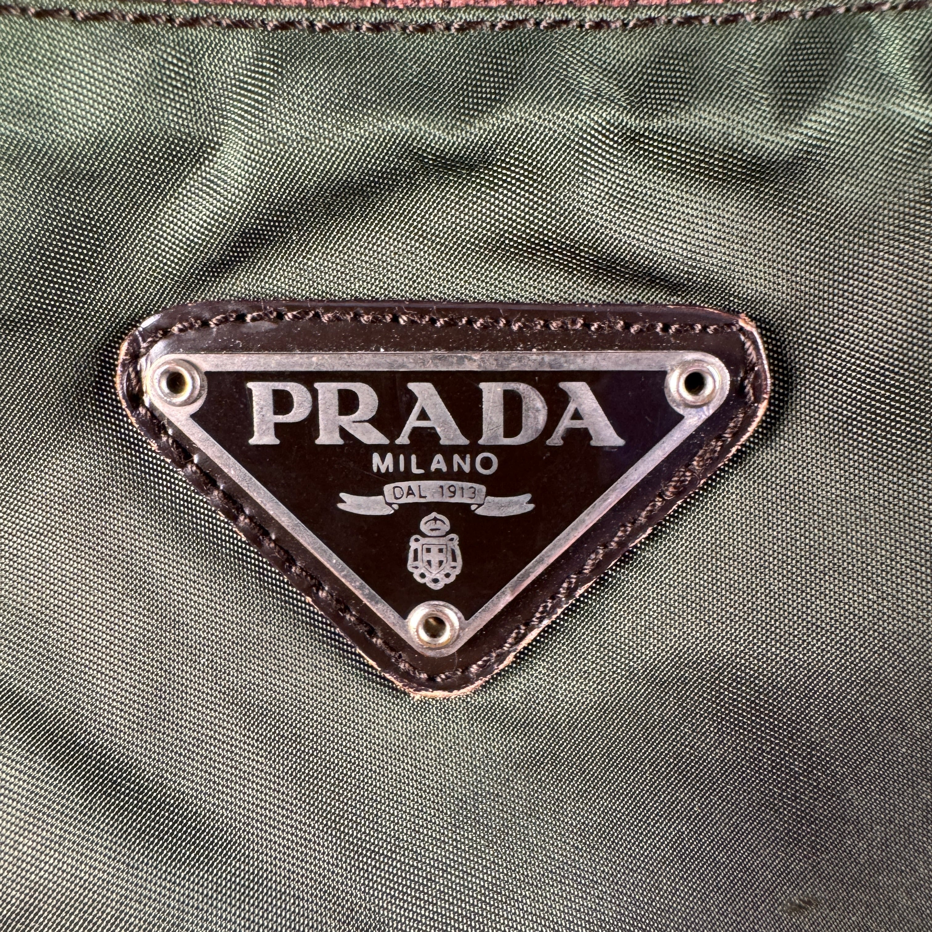 Prada Khaki Nylon Triangle Logo Tote Bag