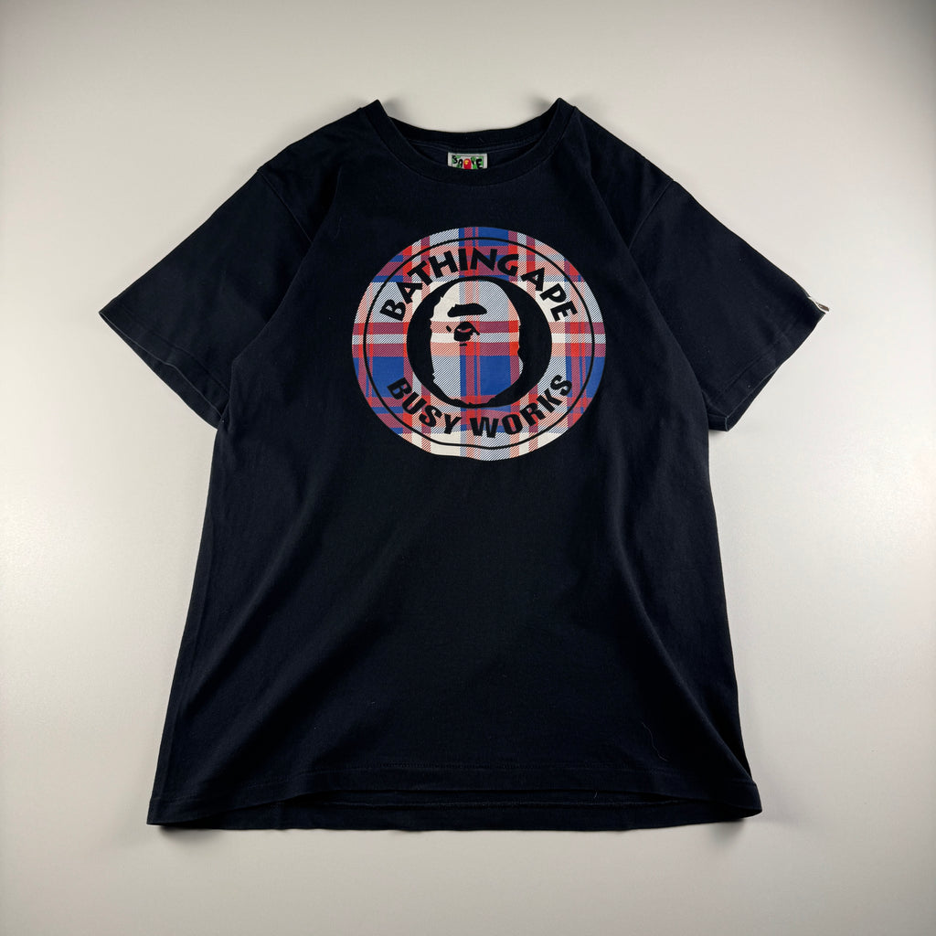 BAPE Tartan Busy Works Circle Logo Black Tee (M)