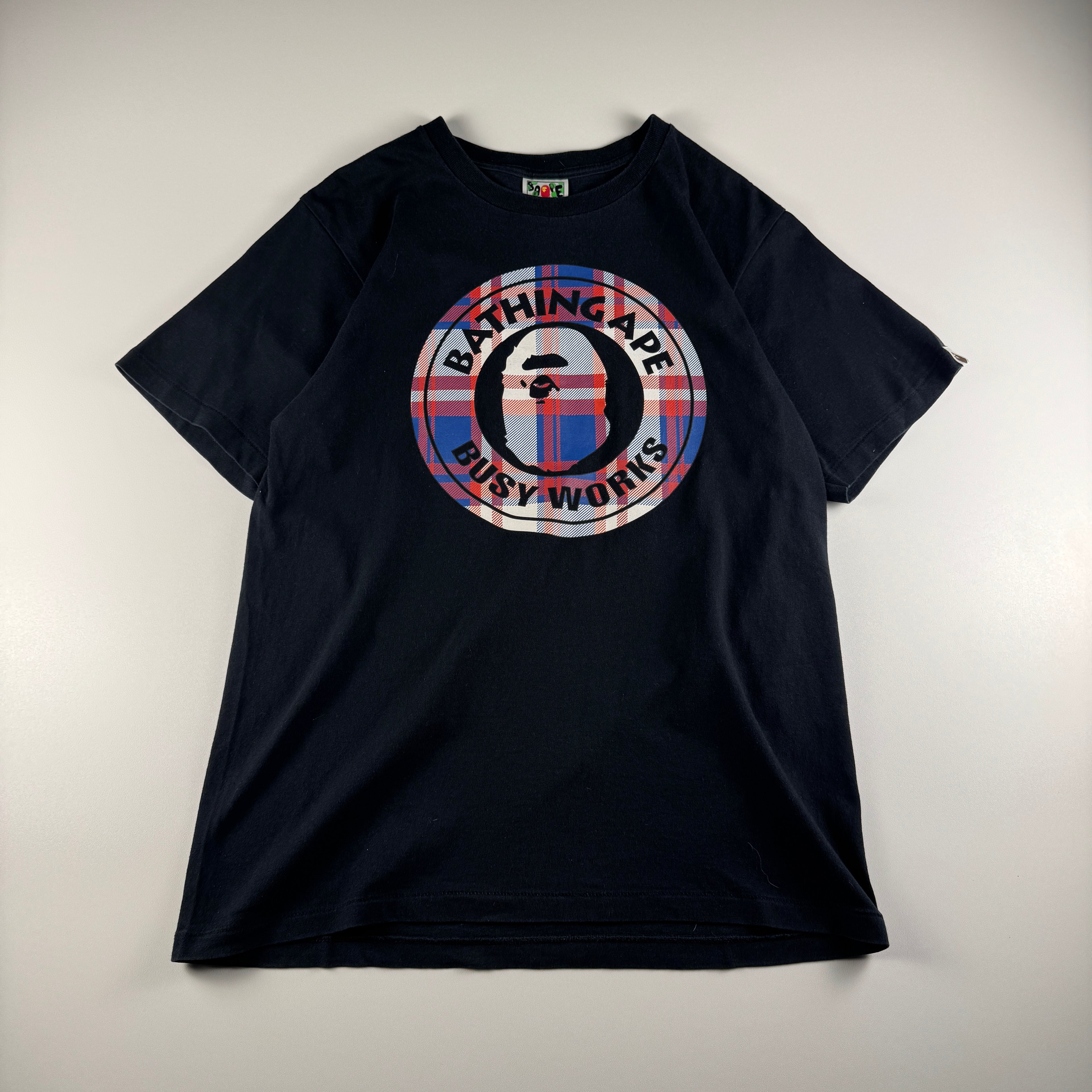 BAPE Tartan Busy Works Circle Logo Black Tee (M)