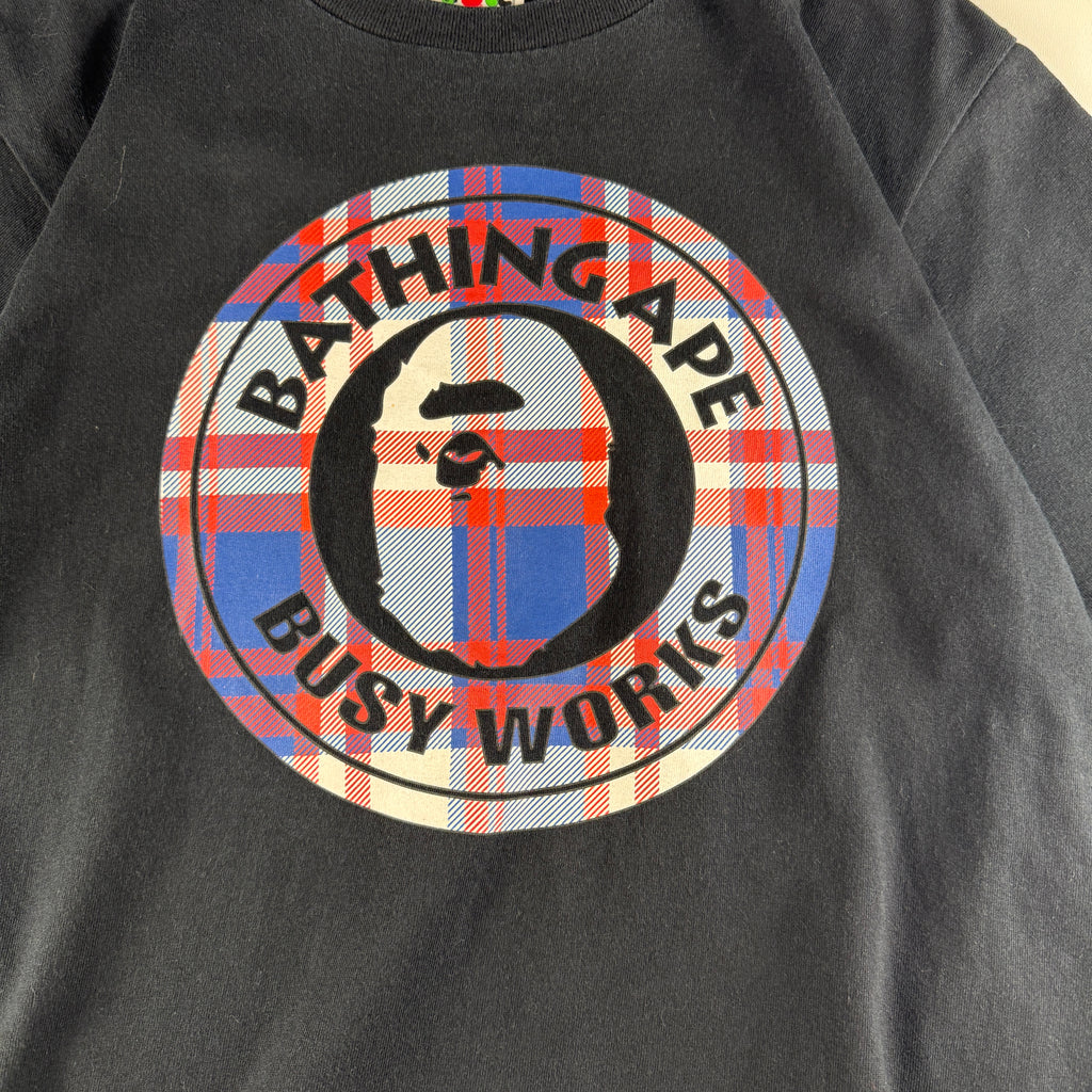BAPE Tartan Busy Works Circle Logo Black Tee (M)