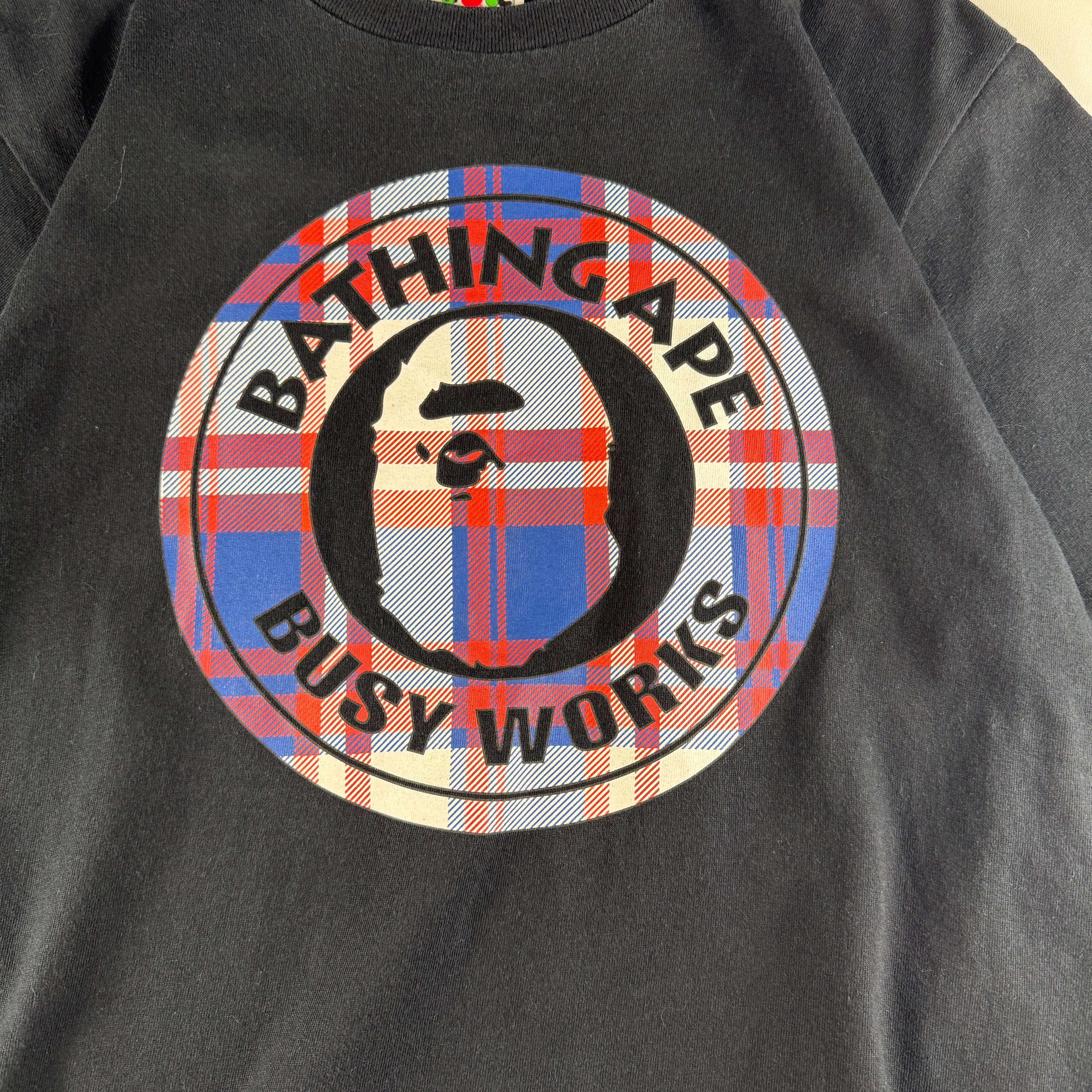 BAPE Tartan Busy Works Circle Logo Black Tee (M)
