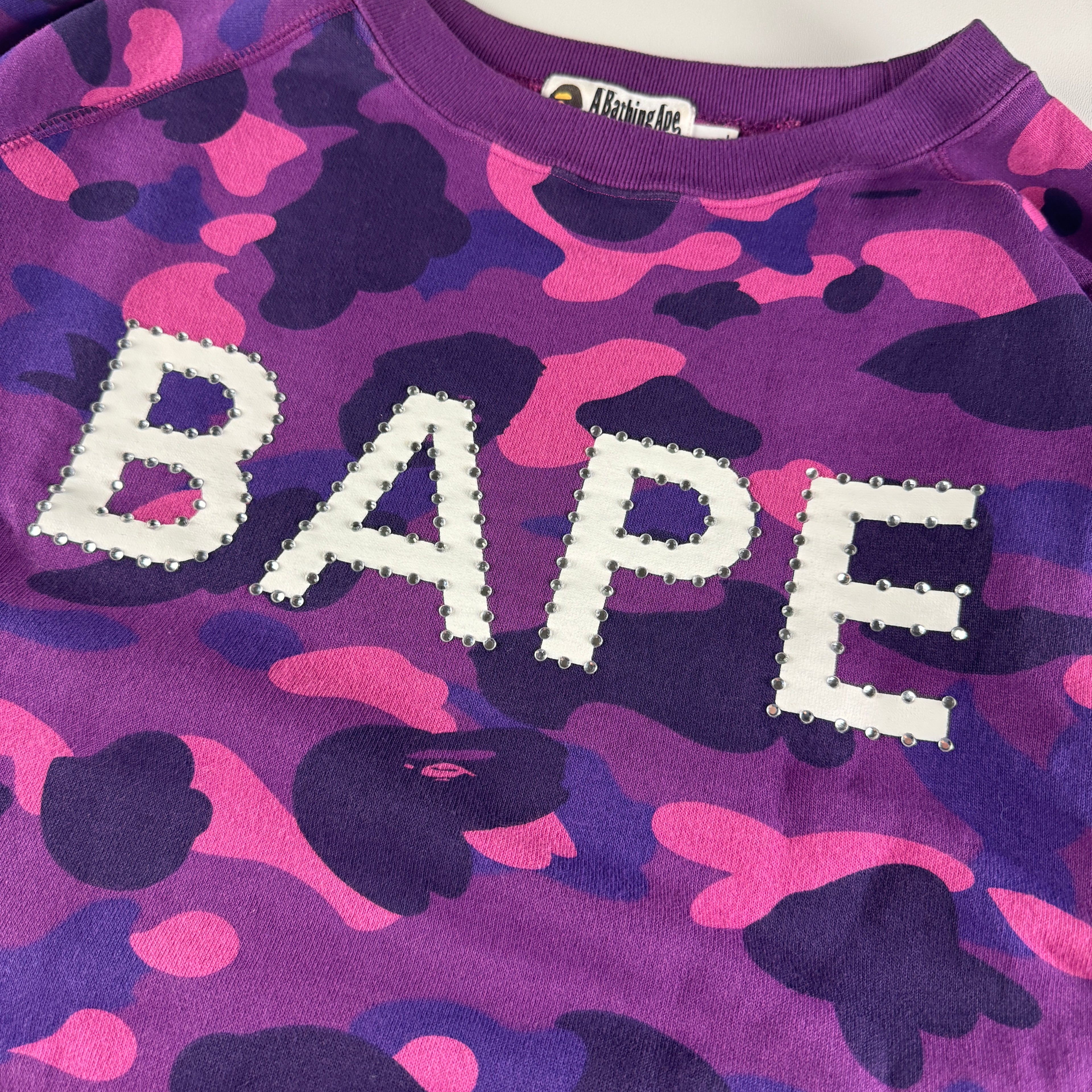 BAPE Swarovski Rhinestone Logo Purple Camo Relaxed Sweater (XL)