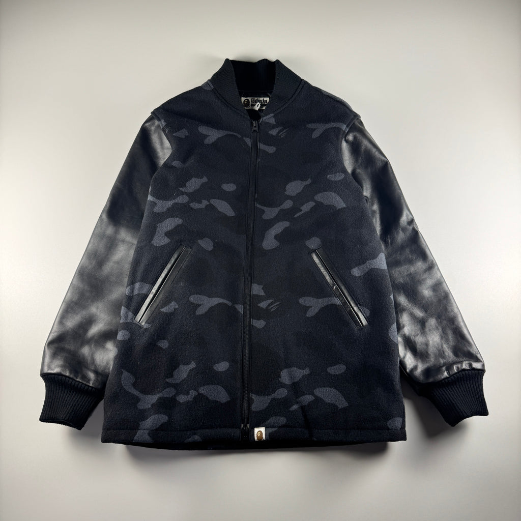 BAPE Camo Black Leather Varsity Jacket (M)