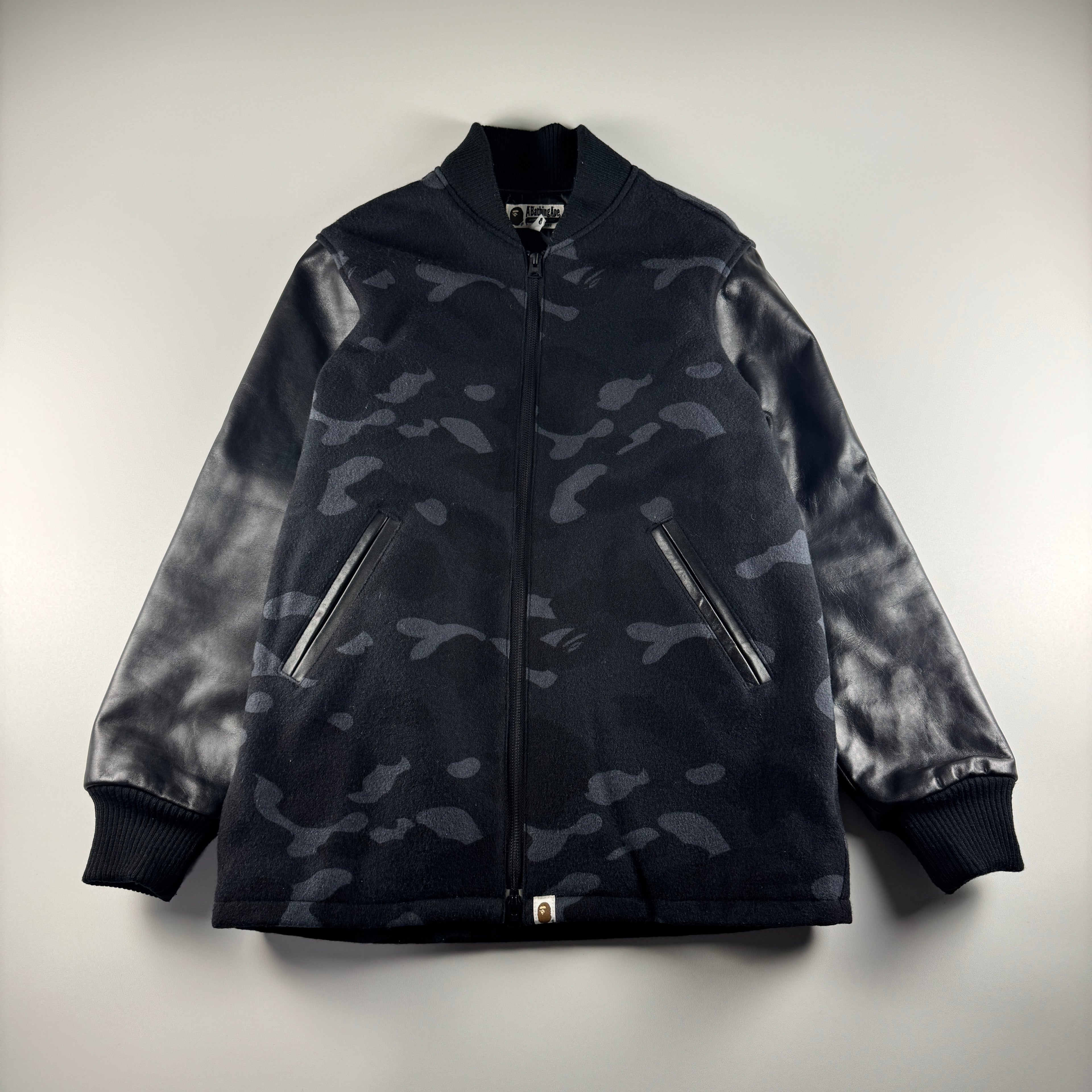 BAPE Camo Black Leather Varsity Jacket (M)