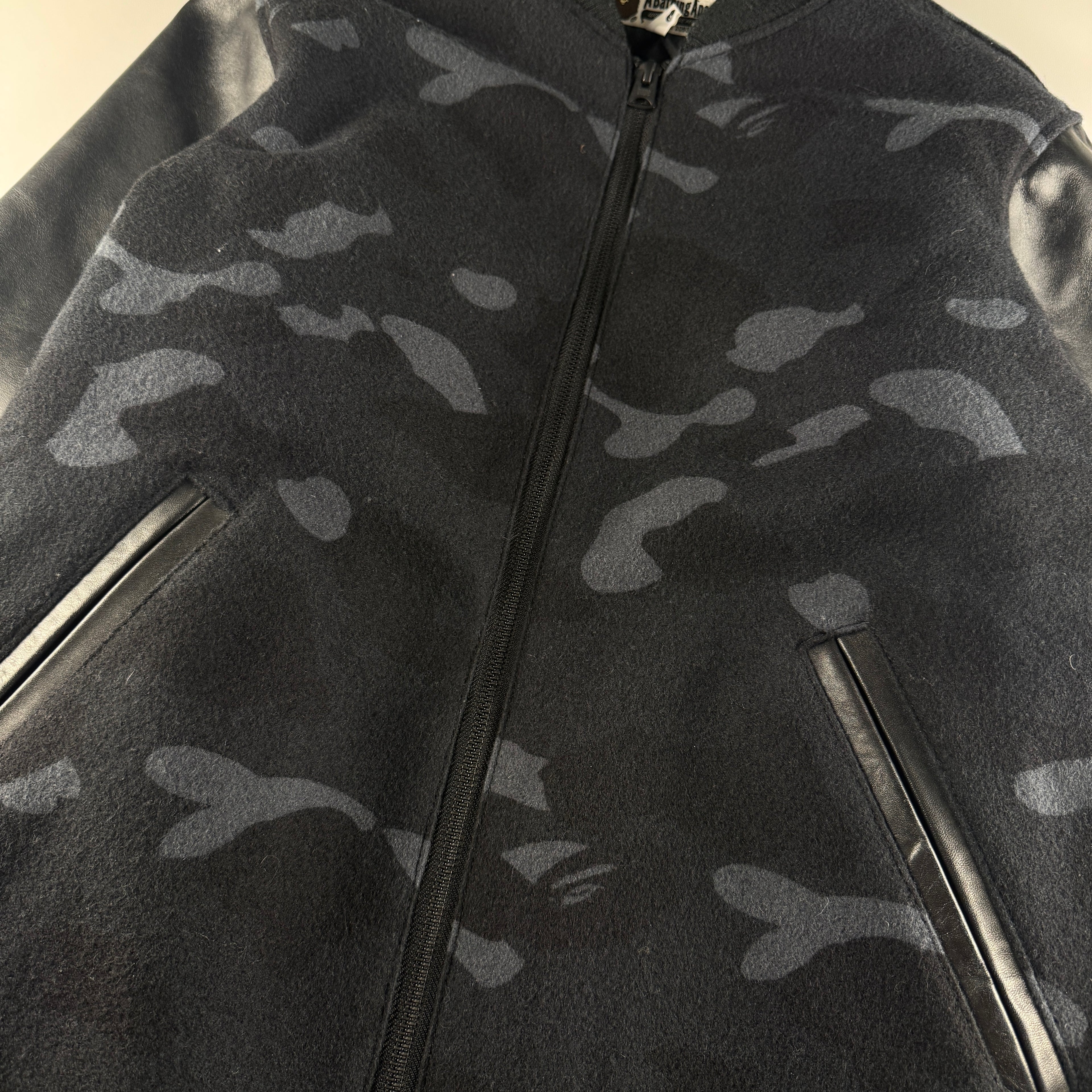 BAPE Camo Black Leather Varsity Jacket (M)