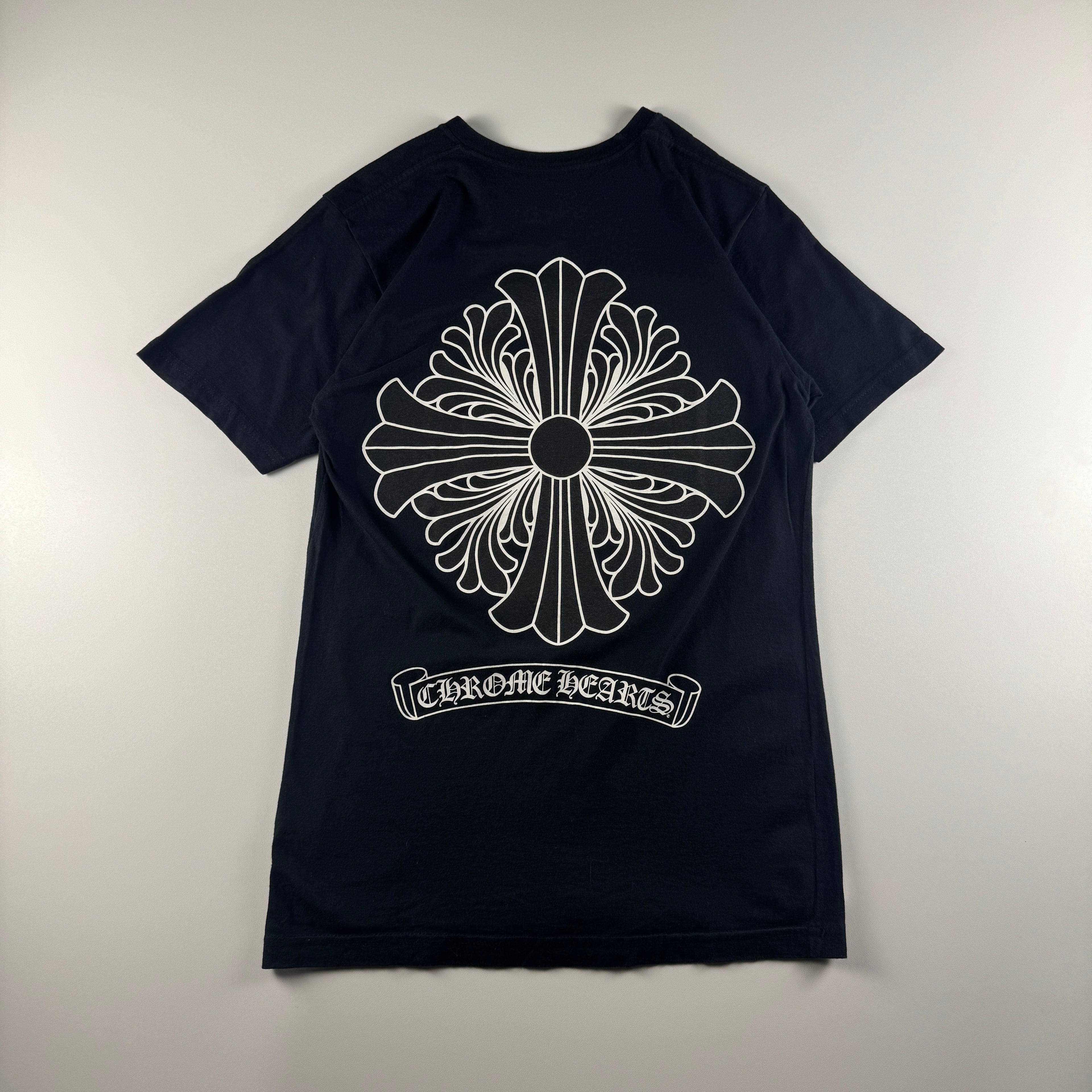 Chrome Hearts Plus Scroll Logo Faded Pocket Black Tee (S)