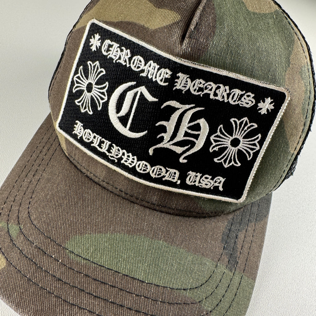 Chrome Hearts Hollywood USA Camo Green Trucker Hat (53-60 / OS)