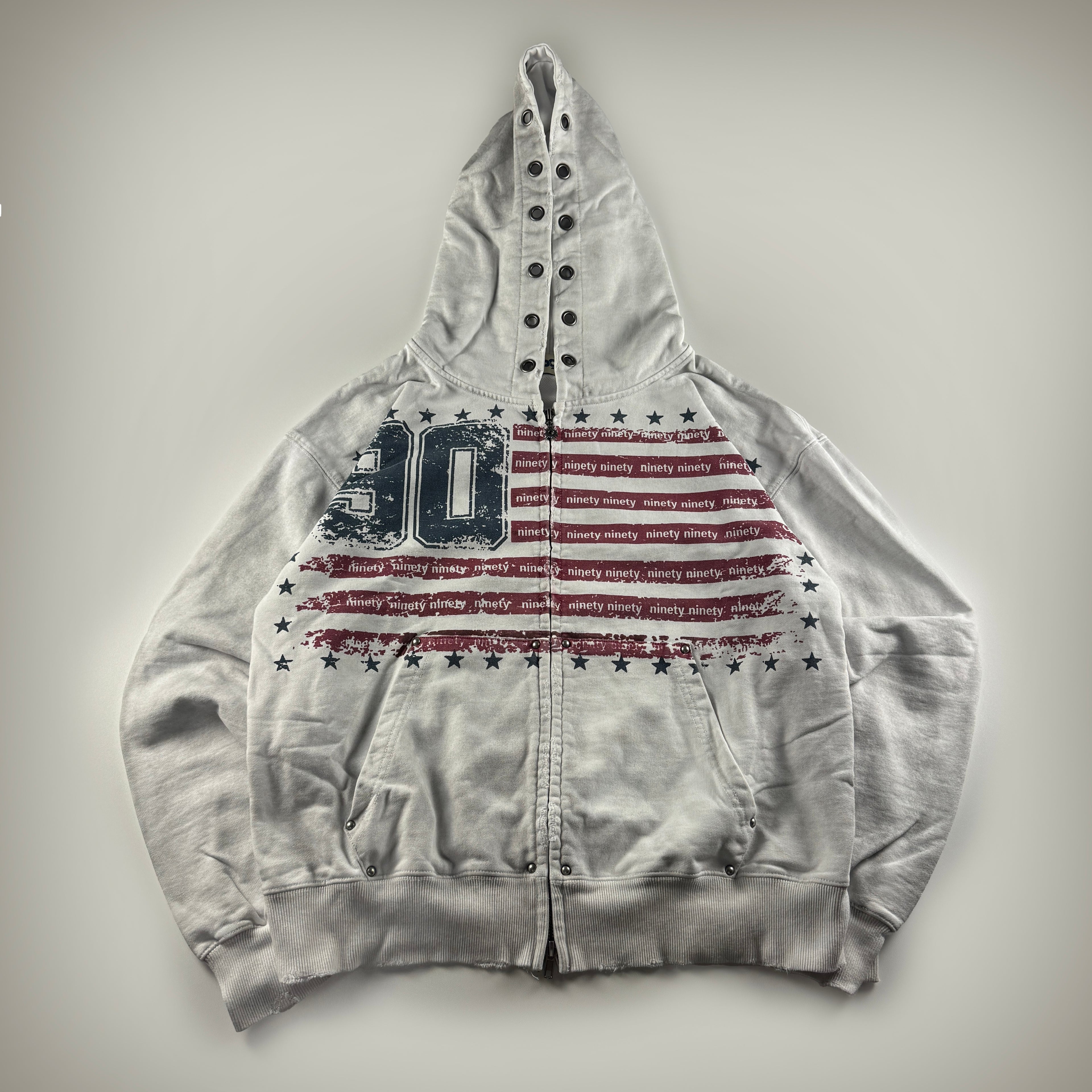 9090 Double Zip Distressed White Hoodie (L)
