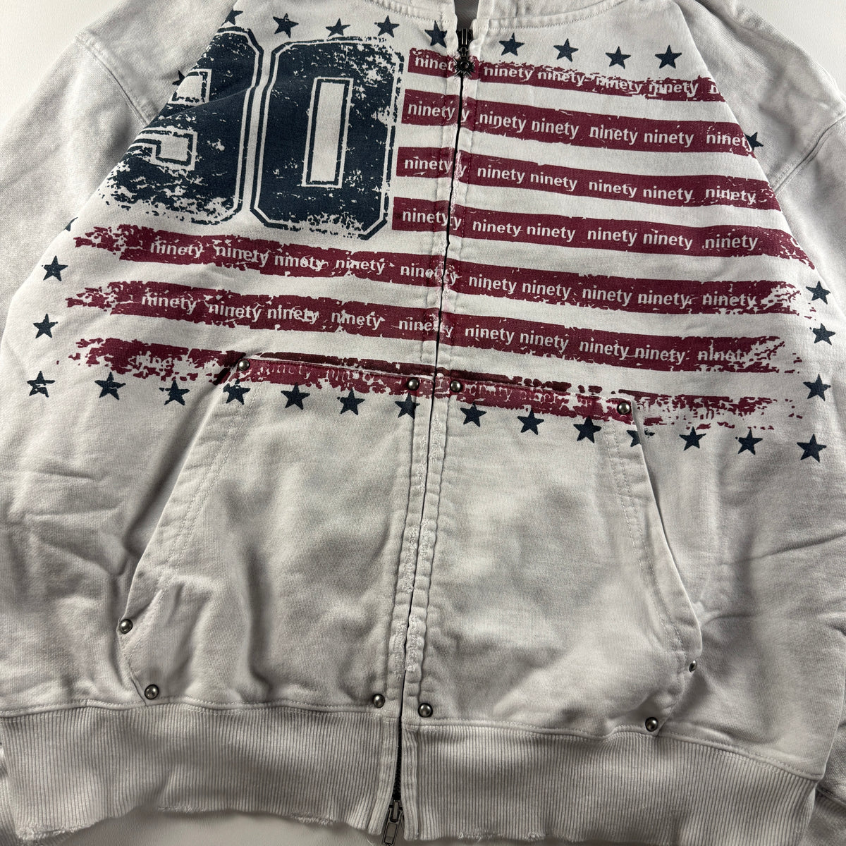 9090 Double Zip Distressed White Hoodie (L)