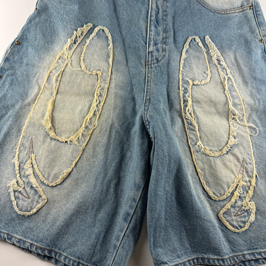 9090 Embroidered Wide Denim Half Pants (M)