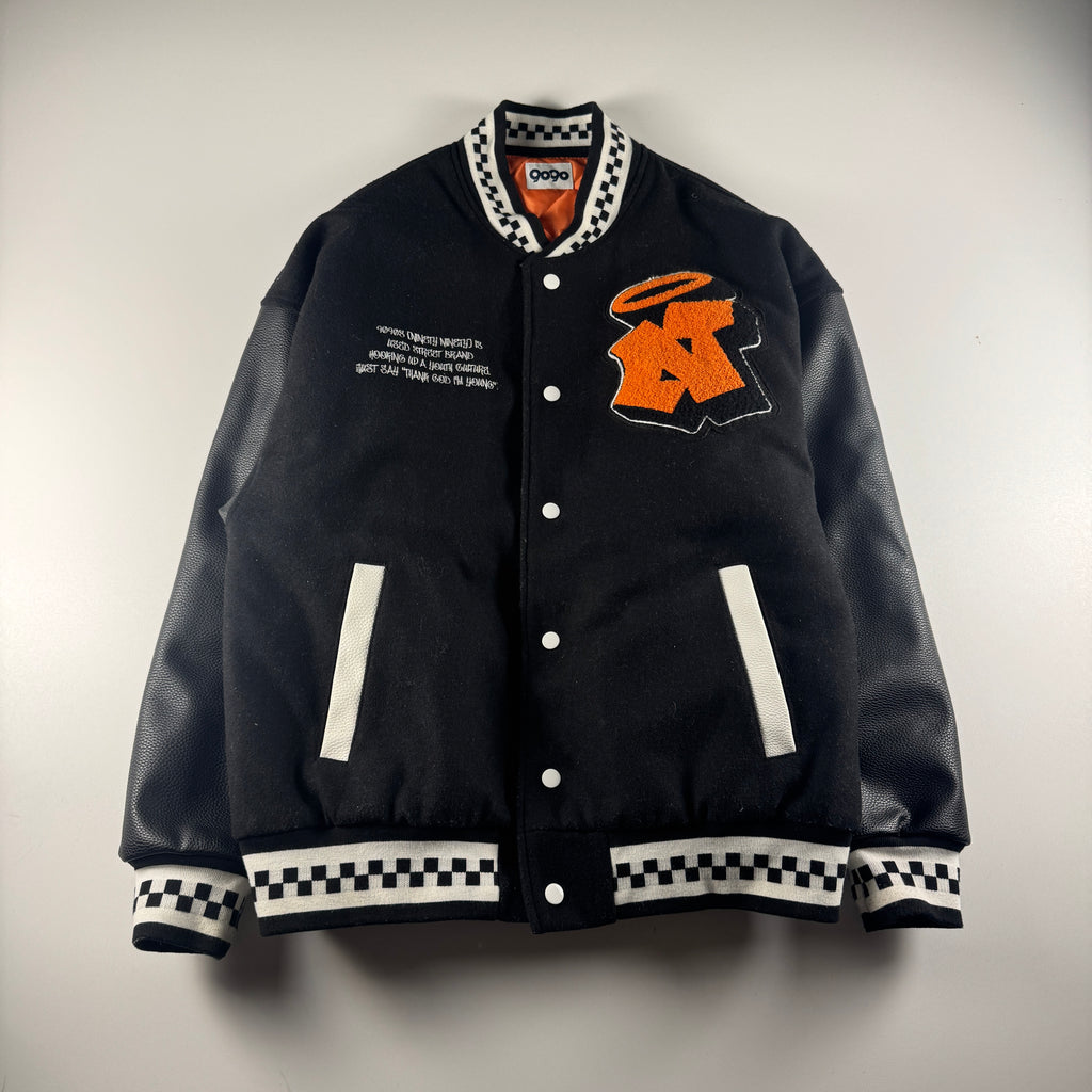 9090 Fake Leather Black University Jacket (L)
