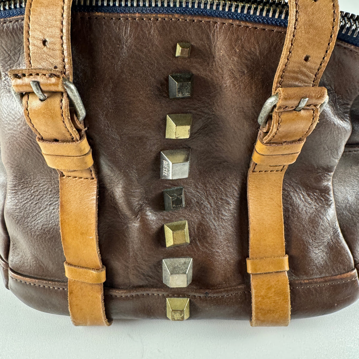 Diesel Studded Leather Brown Handbag
