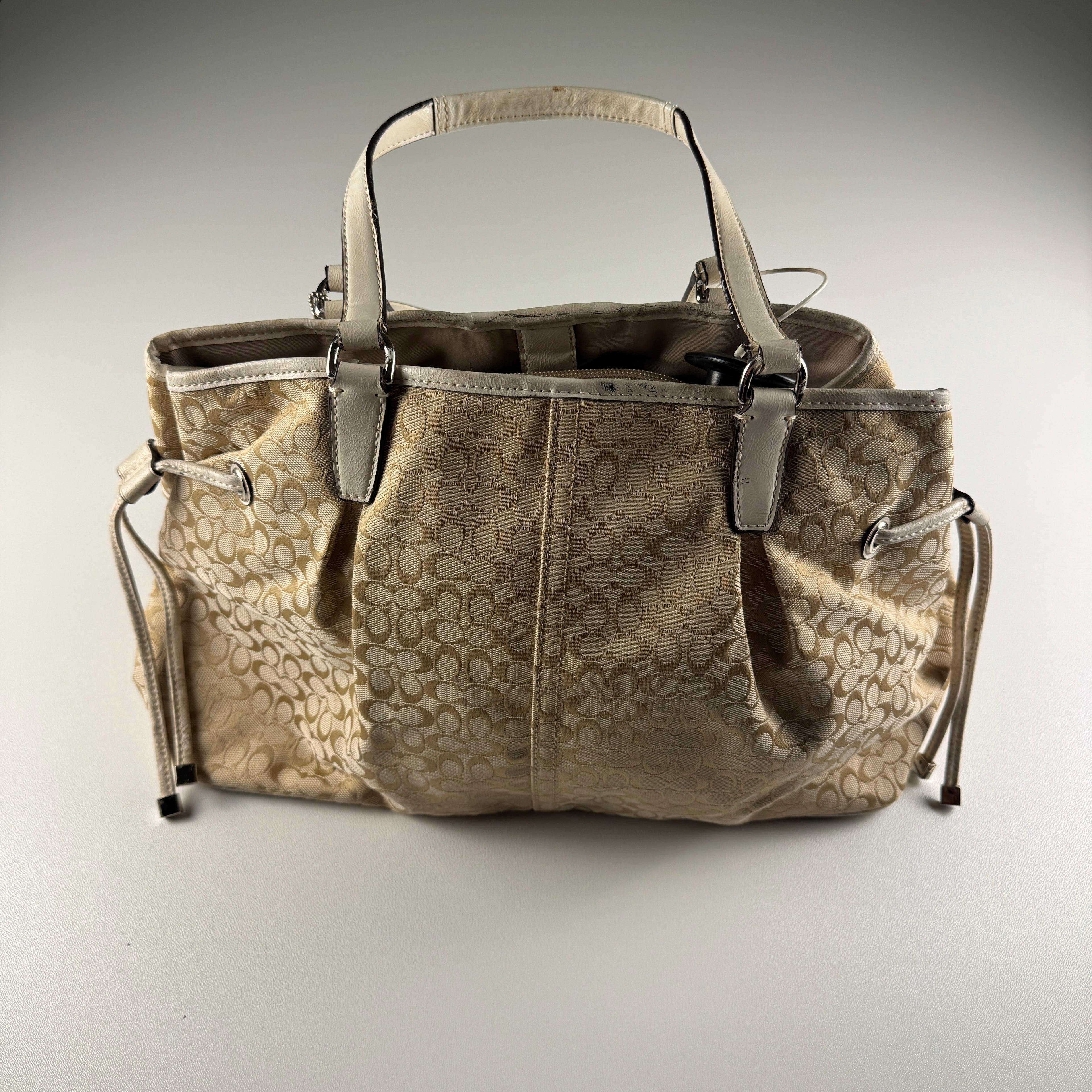 Coach Signature Tan Canvas White Leather Stripe