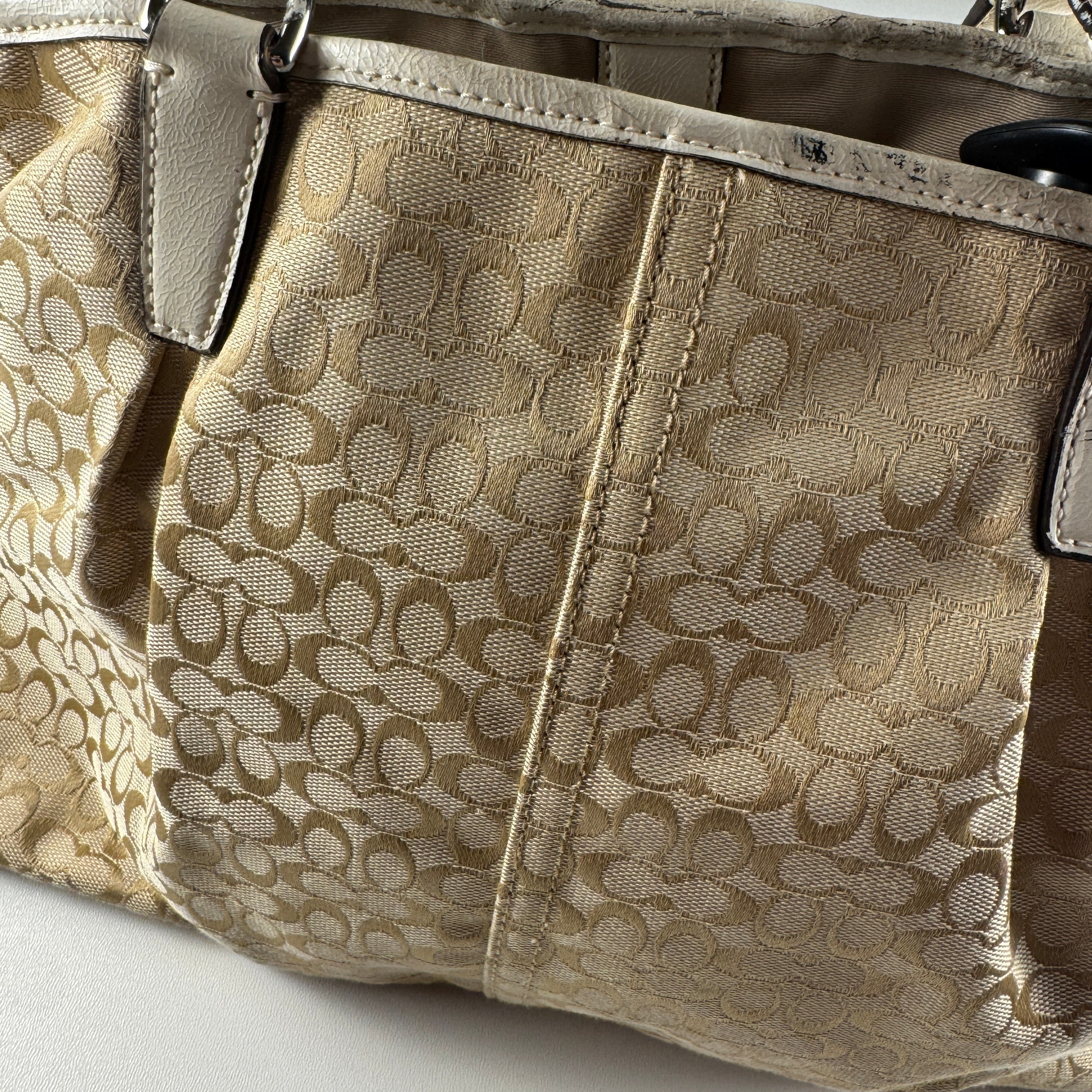 Coach Signature Tan Canvas White Leather Stripe