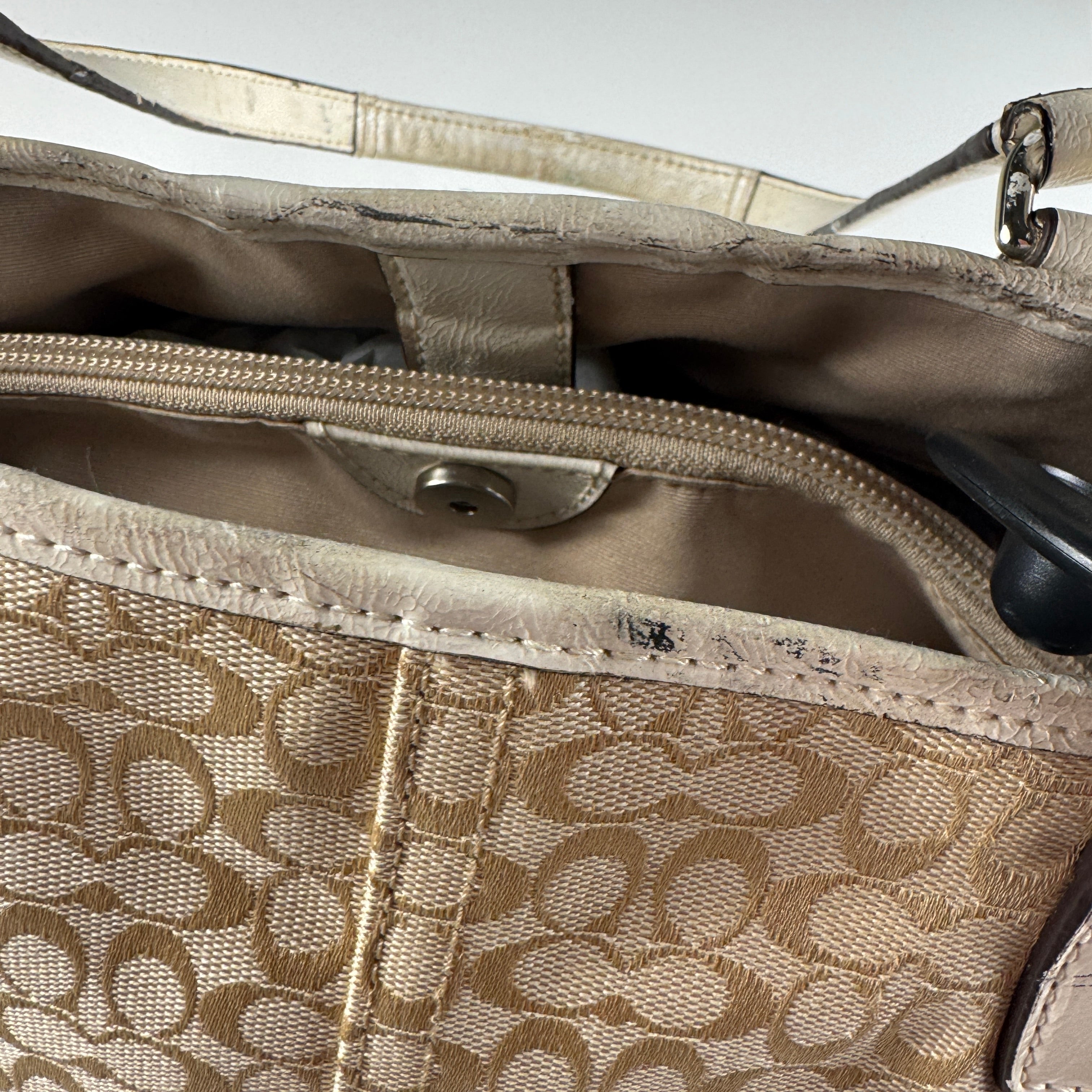 Coach Signature Tan Canvas White Leather Stripe