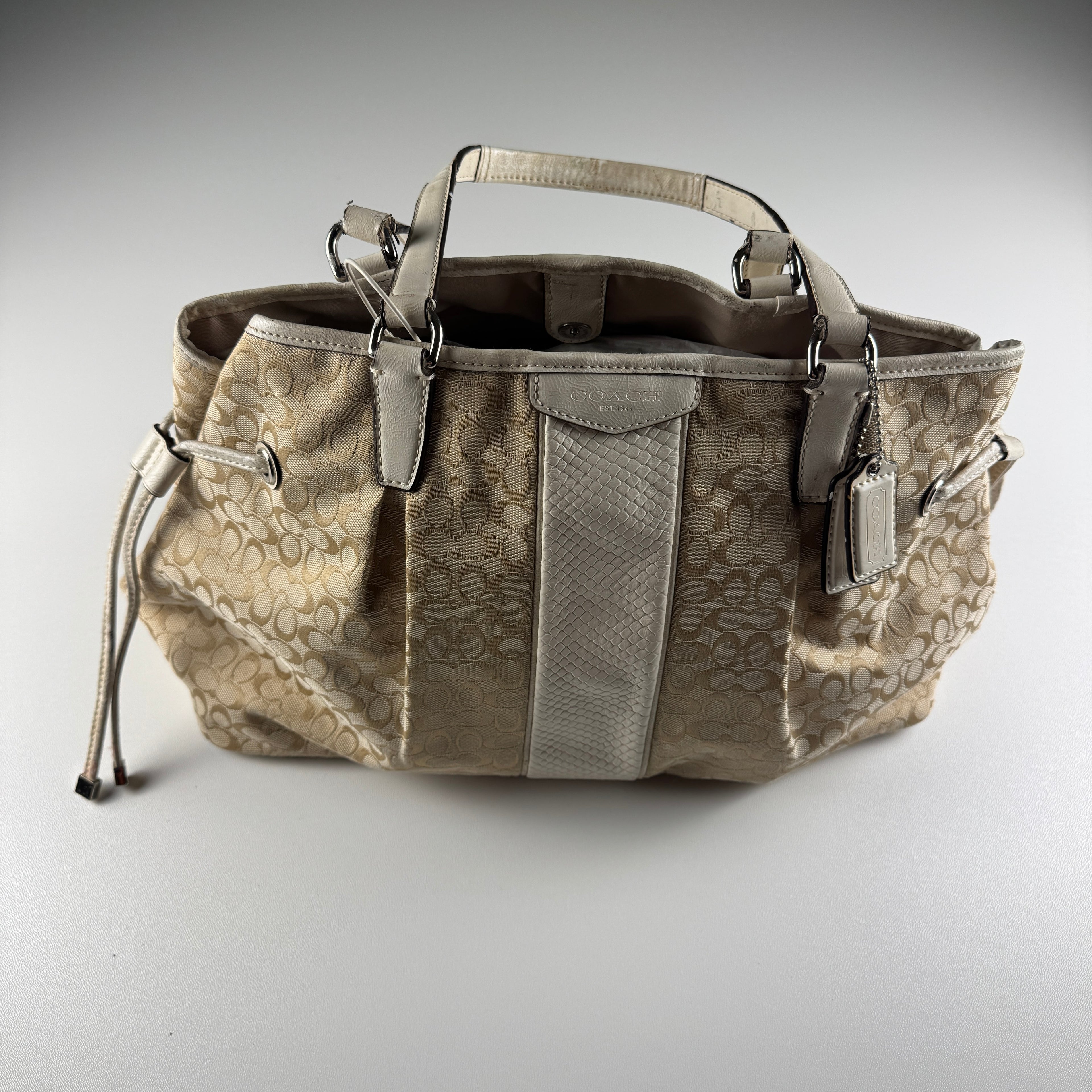 Coach Signature Tan Canvas White Leather Stripe
