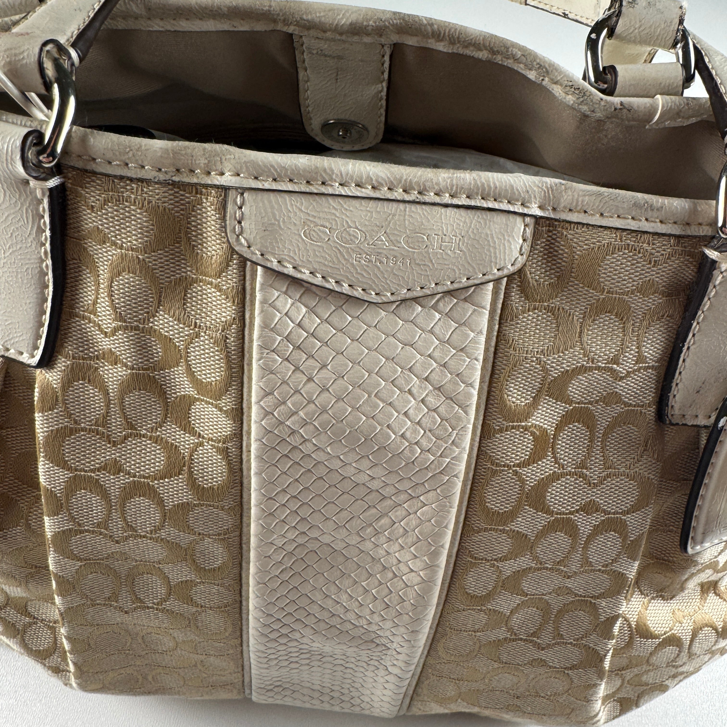 Coach Signature Tan Canvas White Leather Stripe