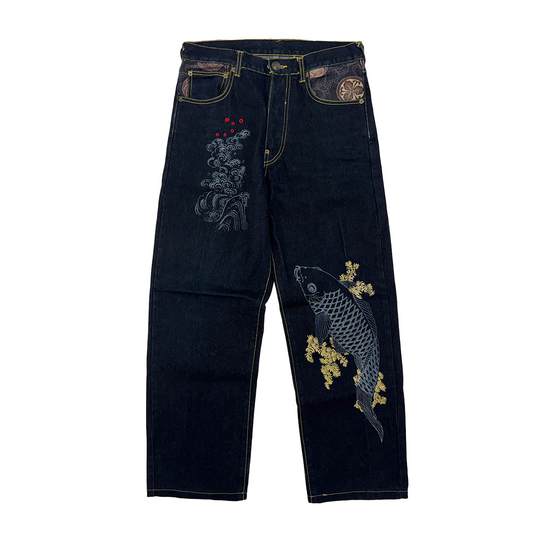 Buden Shoten Koi Japanese Pattern Denim Baggy Pants (L)