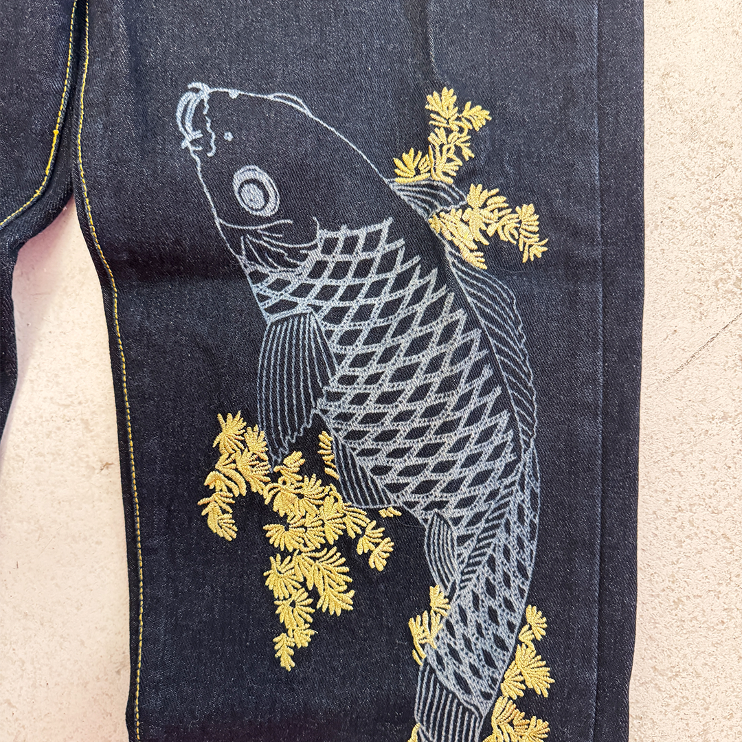 Buden Shoten Koi Japanese Pattern Denim Baggy Pants (L)