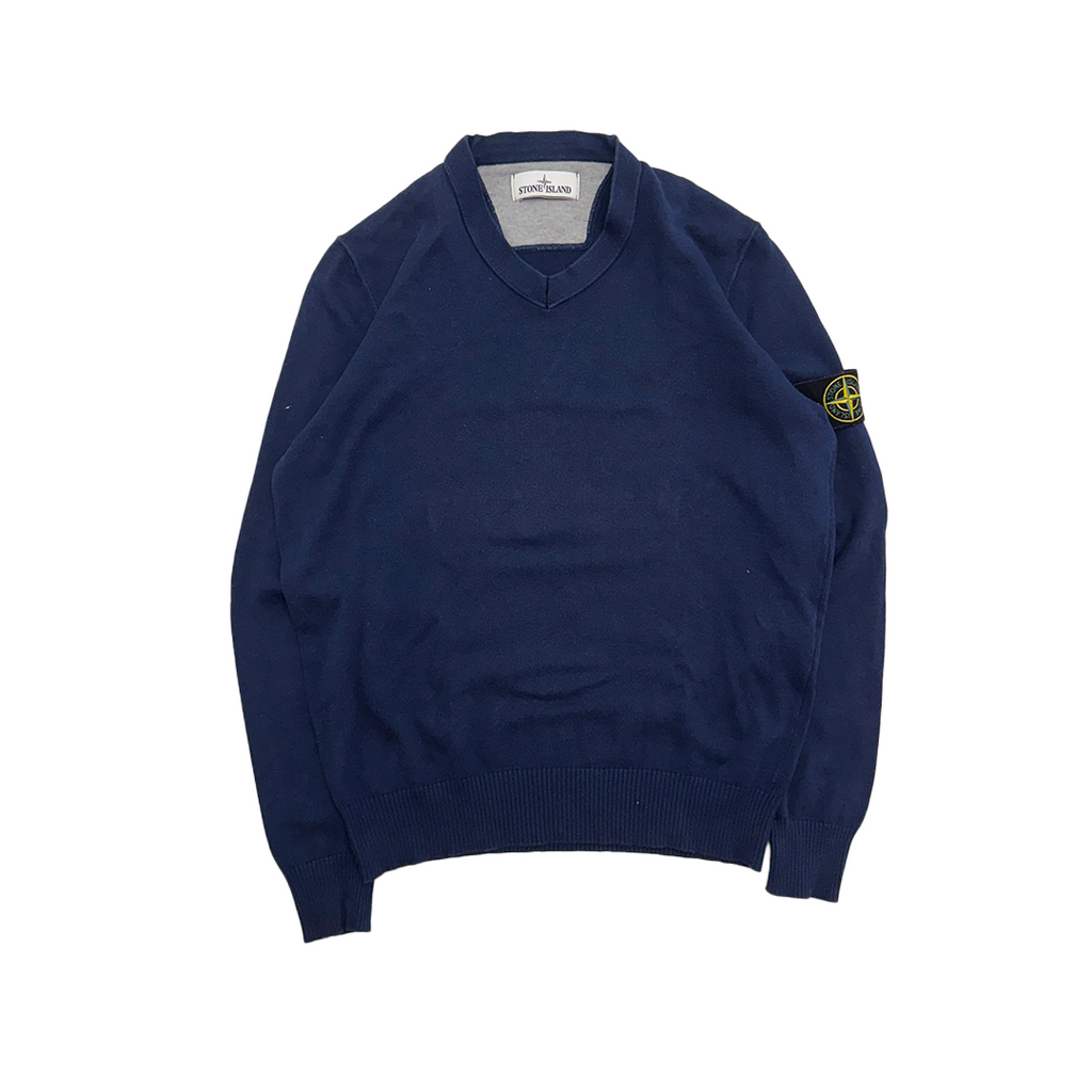 Stone Island V-Neck Blue Cotton Sweater (S)