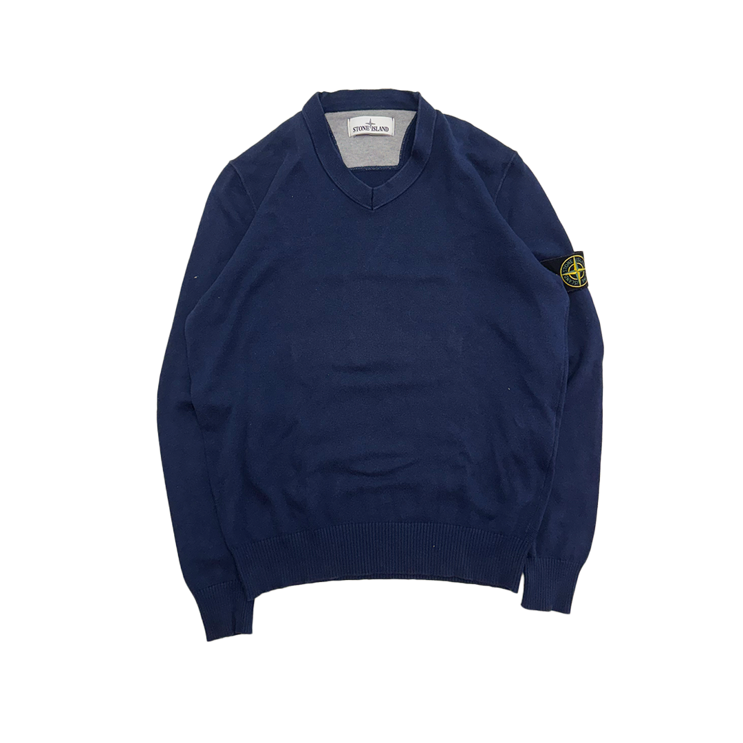 Stone Island V-Neck Blue Cotton Sweater (S)