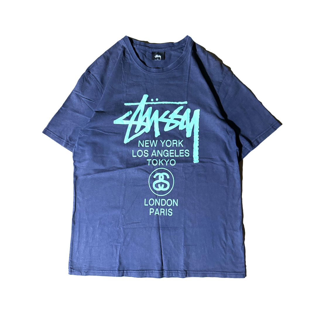 Stussy Green Print World Tour Black Tee (XL)